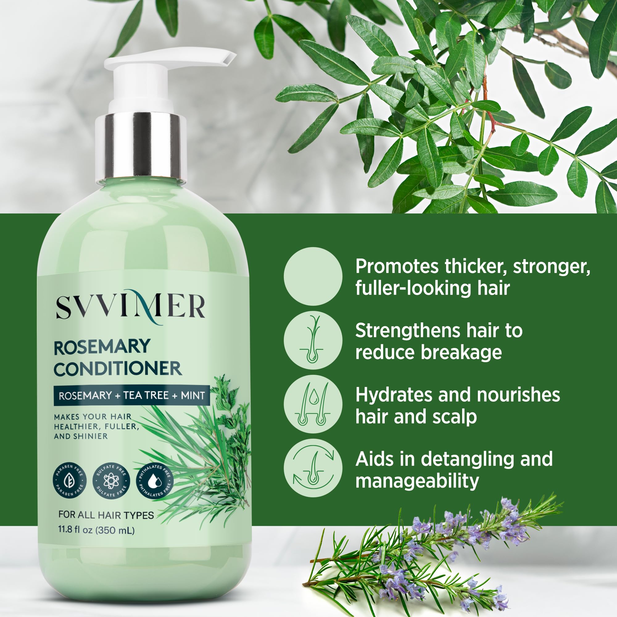 Svvimer Rosemary Hair Growth Conditioner: Thickening Moisturizing Product with Biotin for Women Men - for Damaged Dry Thinning Hair 11.8 fl.oz