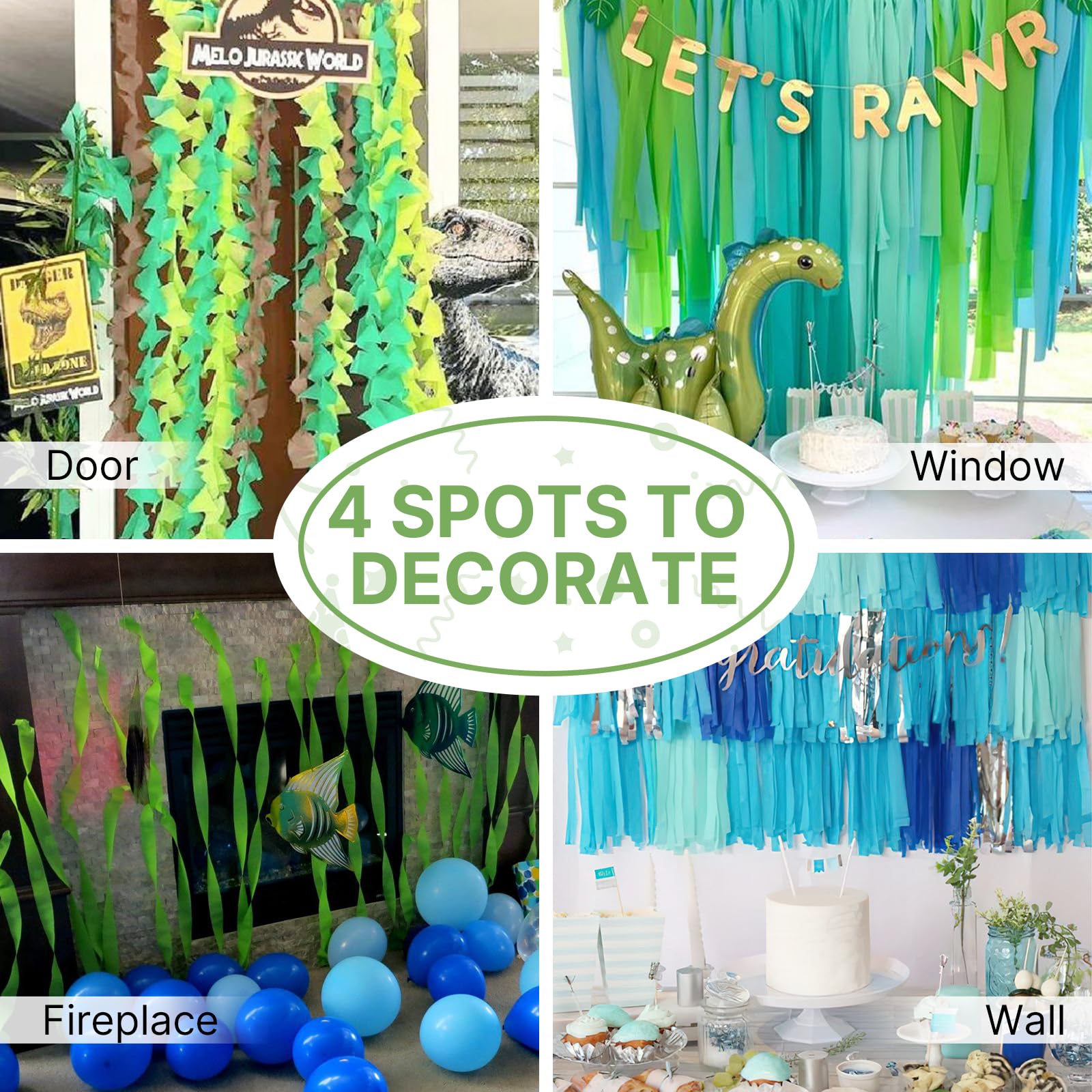 PartyWoo Extra Large Crepe Paper Streamers 3 Rolls 393ft, Pack of Turquoise Mint Light Green Paper Party Streamers, Crepe Paper for Party Decorations, Baby Shower Decorations (1.8 Inch x 131Ft/Roll)