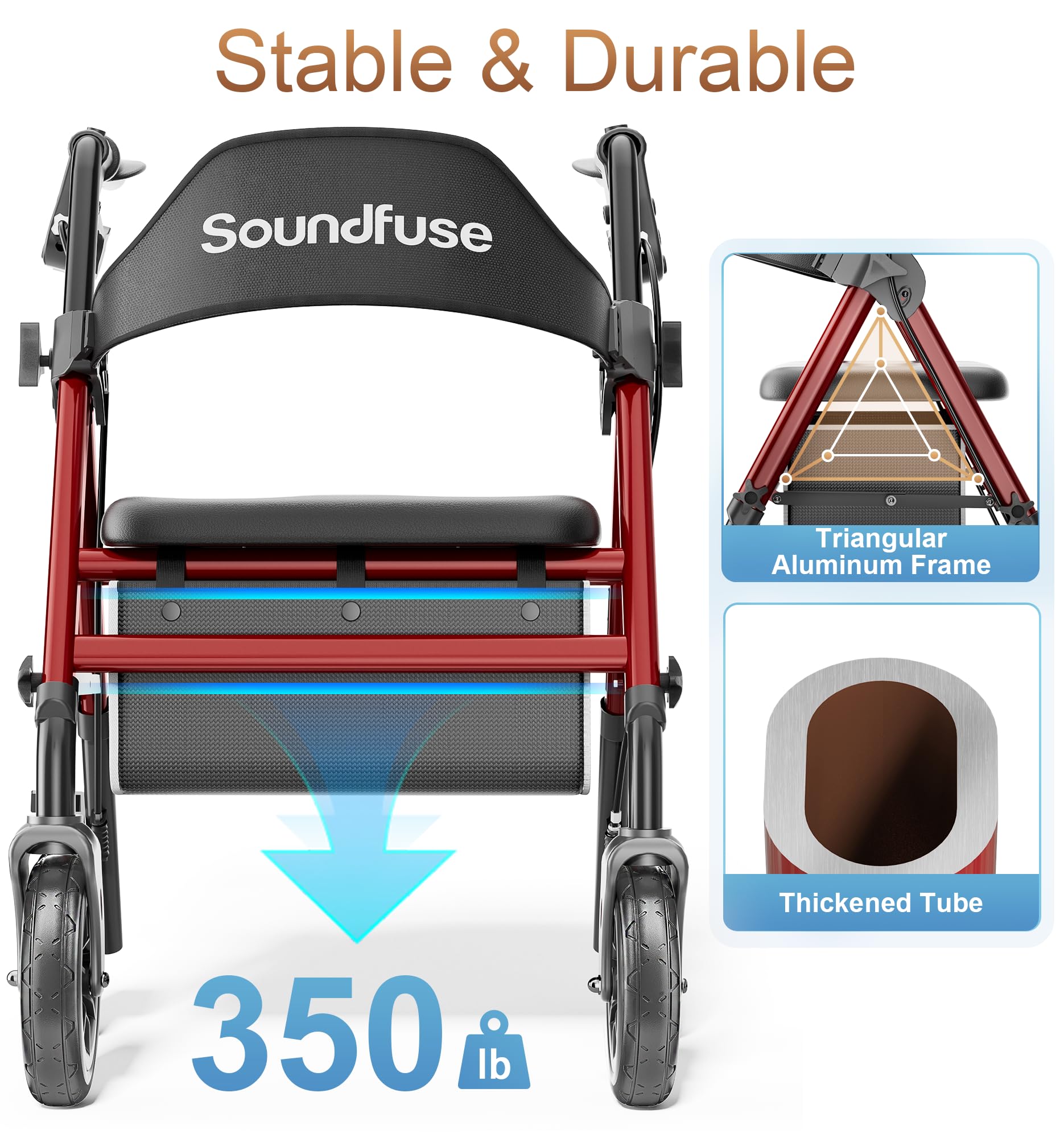 SOUNDFUSE Rollator Walkers for Seniors with Seat, Foldable Lightweight Rolling Walker with 8" Big PU Wheels, Ergonomic Seat, Dual Height Adjustment