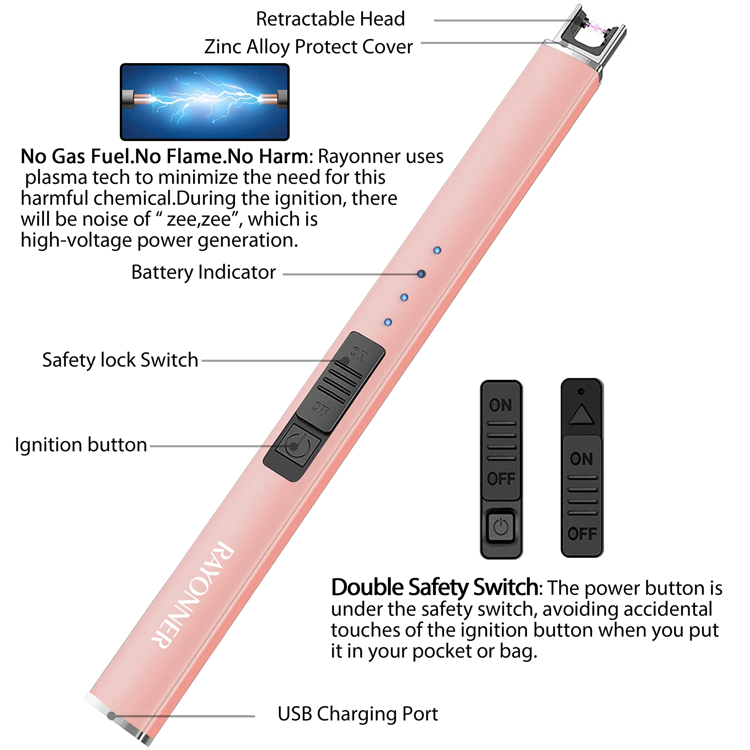 RAYONNER Electric Candle Lighter Plasma Arc Lighters Windproof & Flameless with USB C Rechargeable Double Safety Switch Retractable Protect Head(1Pack, Rose Gold)