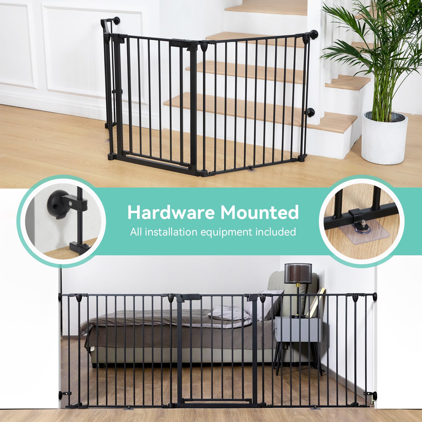 COMOMY 80" Extra Wide Baby Gate, Dog Gate for House Stairs Doorways Fireplace, Auto Close Pet Gate with Door Walk Through, 3 Metal Panels, Hardware Mounted Baby Fence Indoor Outdoor(30" Tall, Black)