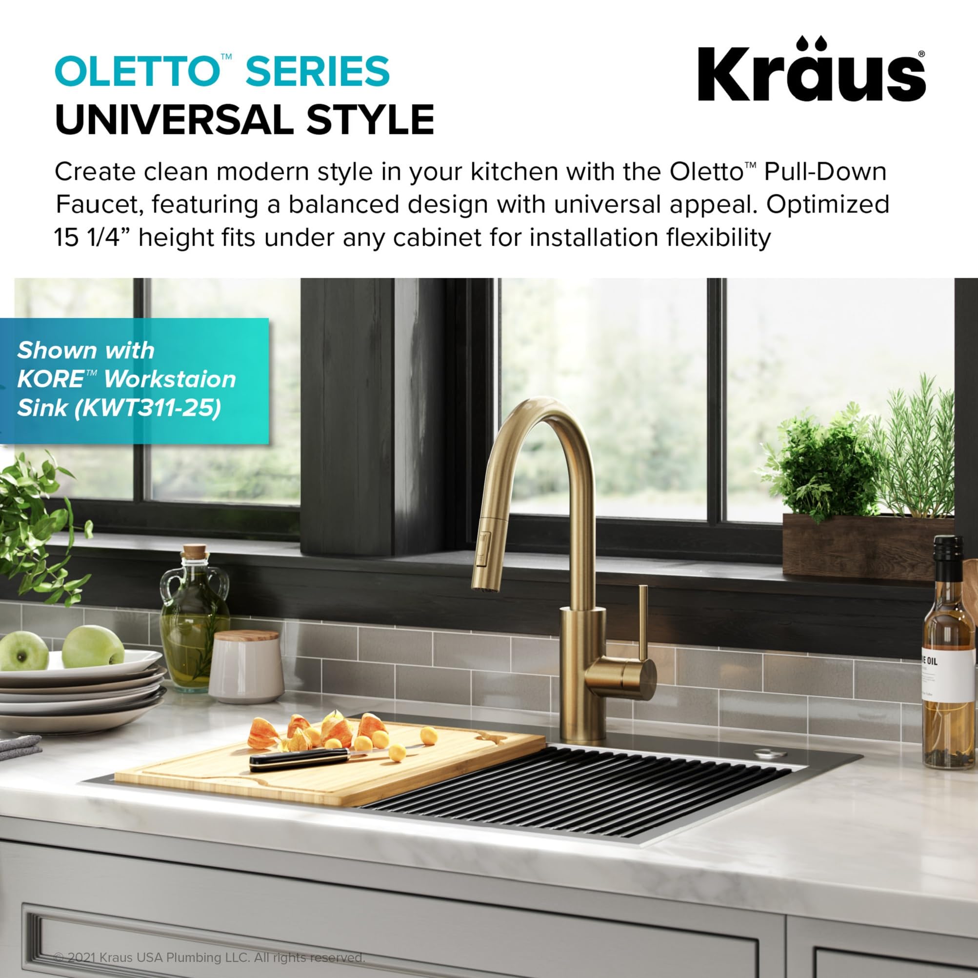 KRAUS Oletto Single Handle Pull Down Kitchen Faucet with QuickDock Top Mount Installation Assembly in Spot Free Antique Champagne Bronze, KPF-2620SFACB
