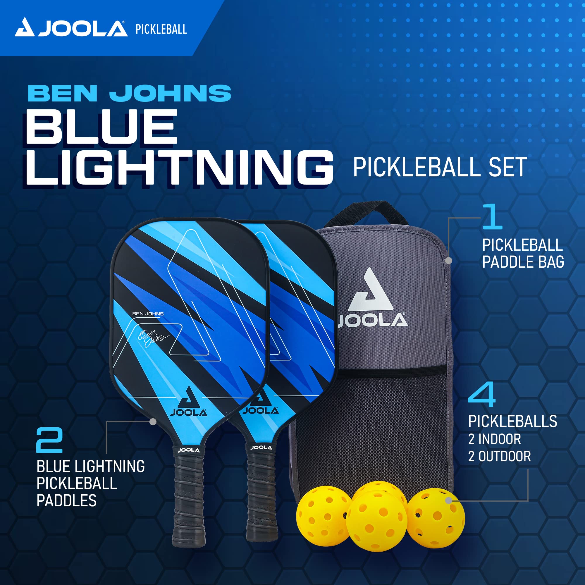 JOOLA Ben Johns Pickleball Set - Made with Reinforced Fiberglass and Honeycomb Polypropylene - Includes 2 Paddles, 4 Balls, and JOOLA Pickleball Bag