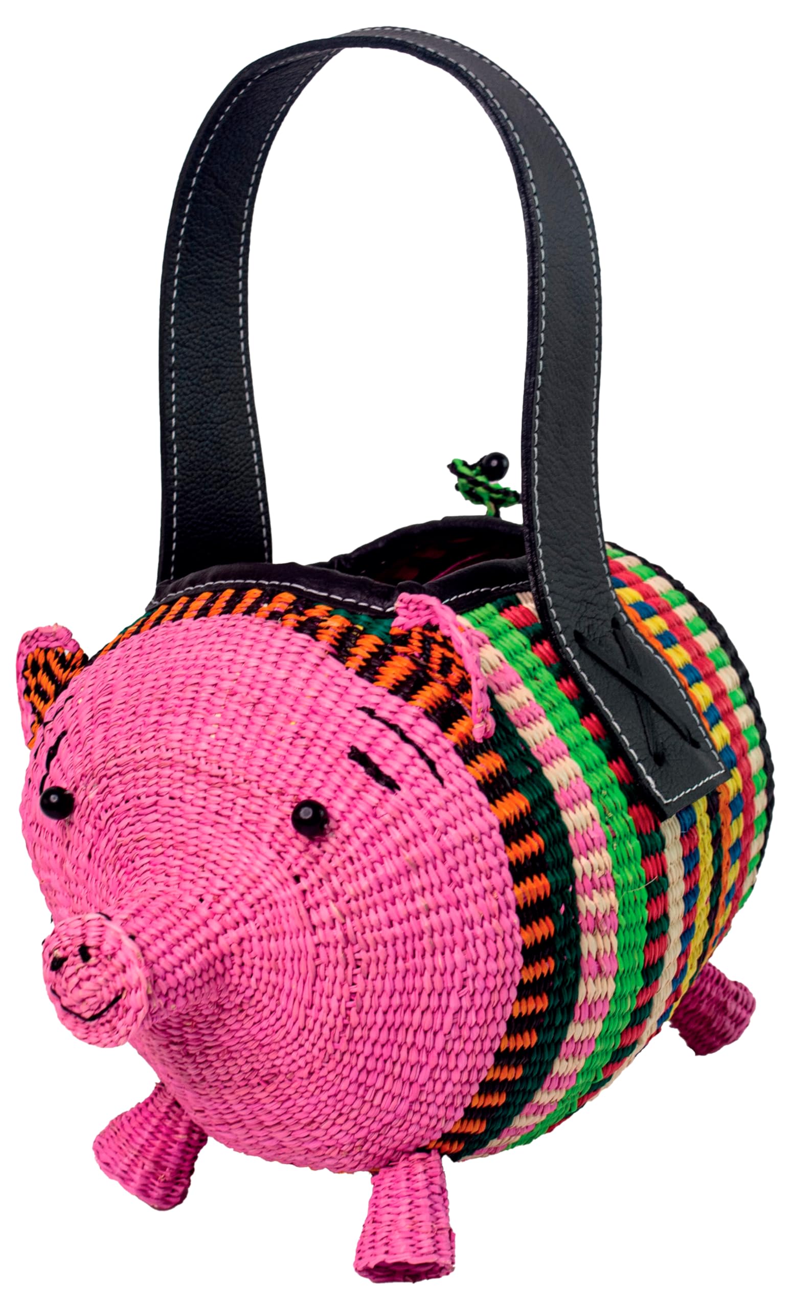 Pig Straw Bag, One Size, Unique Straw / Black Leather Handles