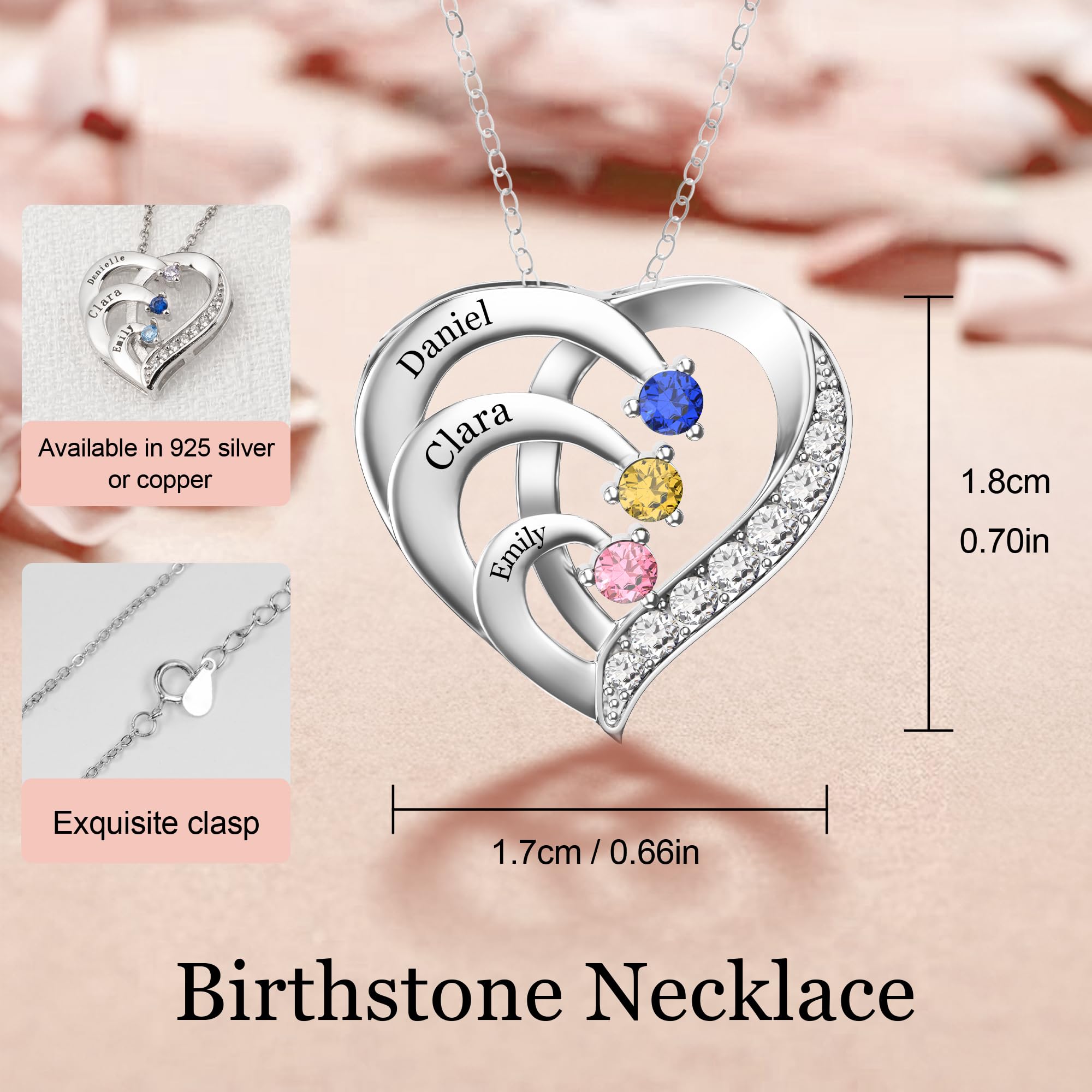 Easycosy Personalized 3 Names Necklace with Simulated Birthstones Custom Promise Necklace Heart Pendant with Engraved Names - Anniversary Birthday Christmas Jewelry Gifts for Women Mom Grandma Wife