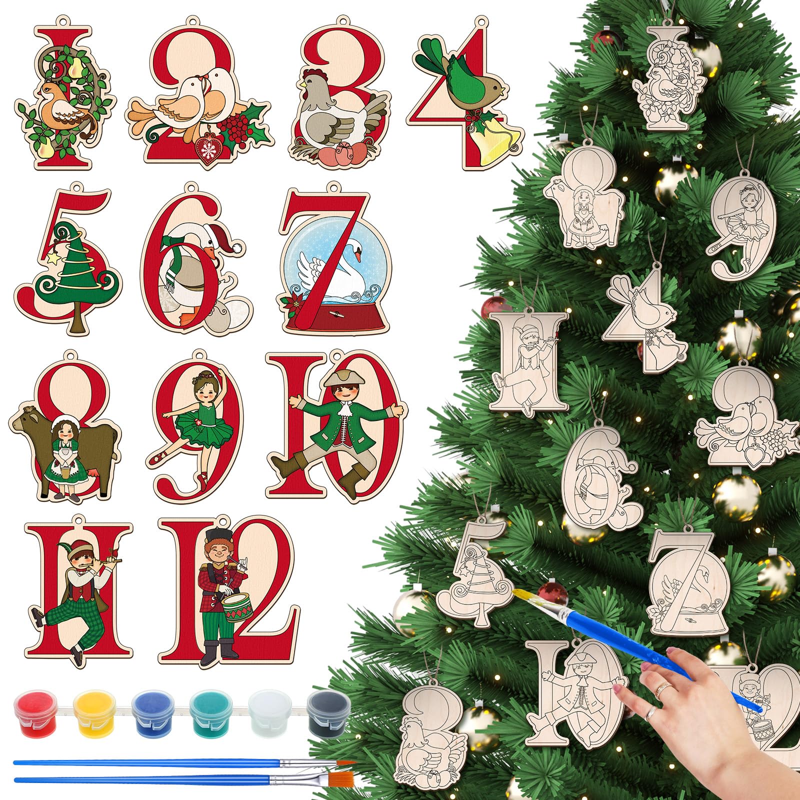 Gejoy 12 Pcs 12 Days of Christmas Ornament Crafts Wooden Christmas Tree Decoration Color Your Own Twelve Days of Christmas Hanging Wood Ornament for Xmas Trees Home Holiday Church Party Decor