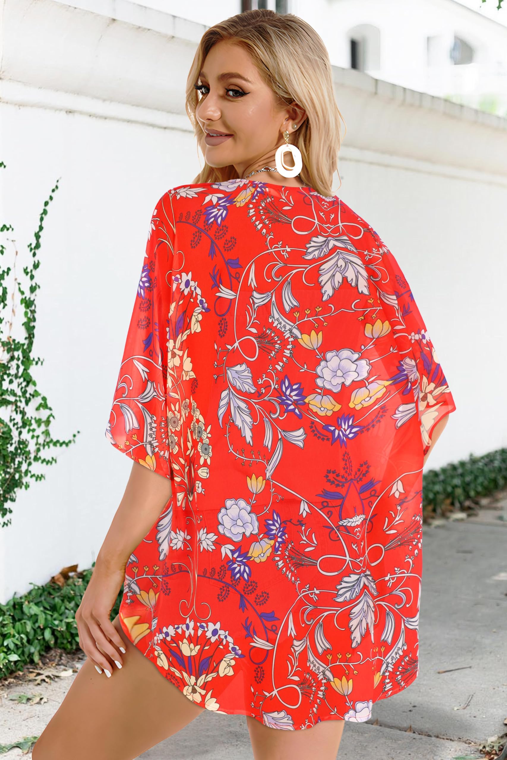 Summer Kimono Cardigan for Women Sheer Boho Tops Casual Open Front Swimwear Shirts Beach Cover ups (Boho Red,M)