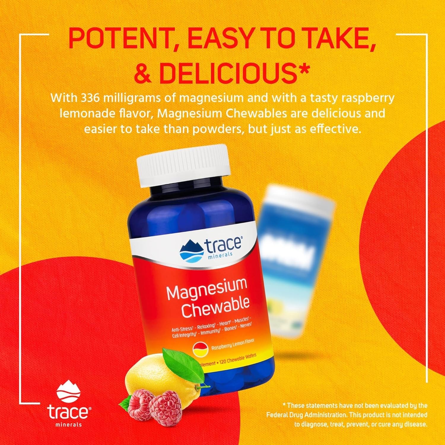 Trace Minerals | Magnesium Chewable Supplement for Adults and Kids | from Magnesium Glycinate and Citrate | Sugar Free | Raspberry Lemon | 120 ct, 30 Servings