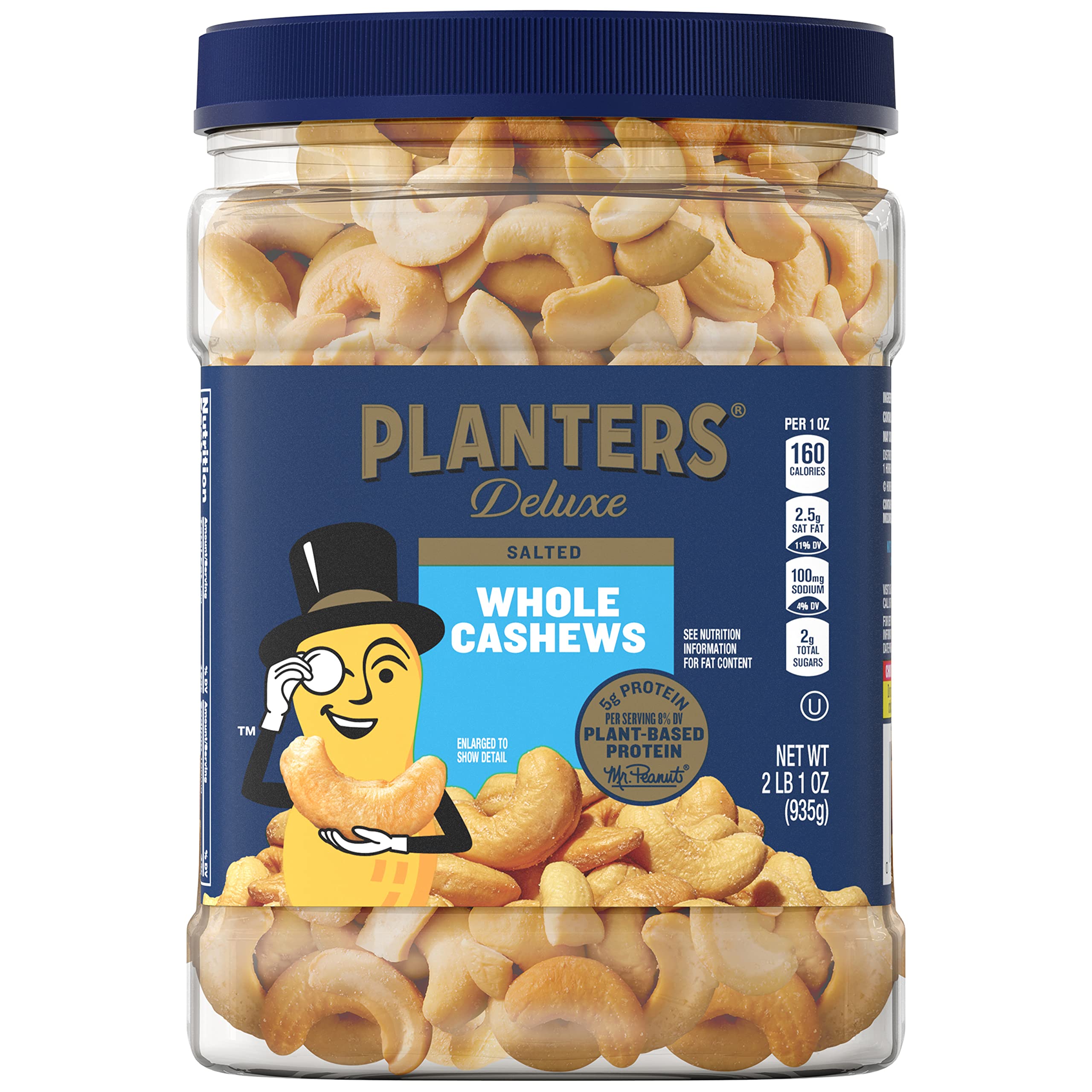 PLANTERS Deluxe Salted Whole Cashews, Party Snacks, Plant-Based Protein, Snacks for Adults, After School Snack, Roasted Flavored Cashews with Sea Salt, Kosher, 33oz Container