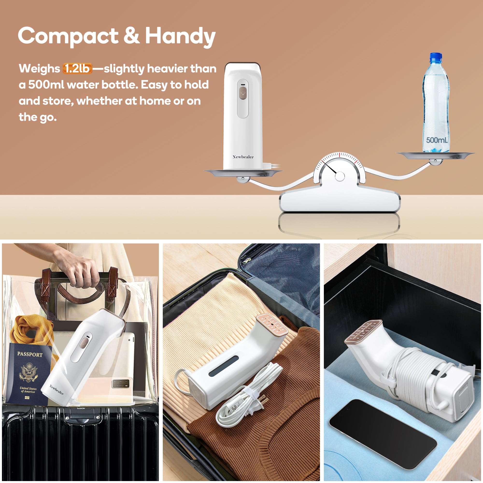 Newbealer Steamer for Clothes, Portable Steam Iron, Horizontal & Vertical Steaming, Dry Ironing, Non-Stick Ceramic Soleplate, 170ml Garment Wrinkle Remover, Auto-off, 1.2lbs Lightly (120V Only)