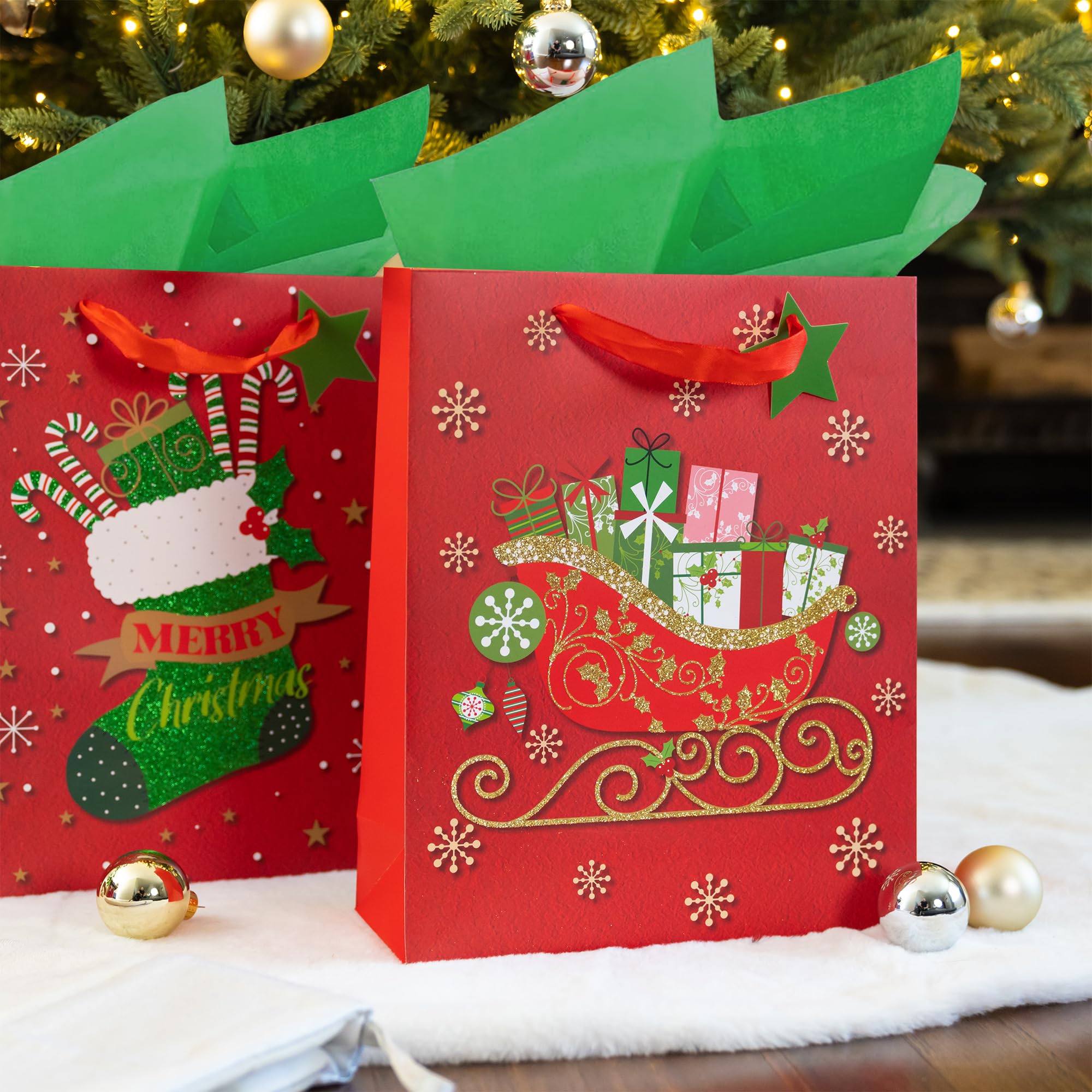 RACHELLE'S Christmas Gift Bags (Medium, 13"x10"x4") - 2 Pack Sturdy Paper Gift Bags with Tissue Paper, Tag and Handle - Ideal Party Favors and Gifting this Christmas Holiday Season