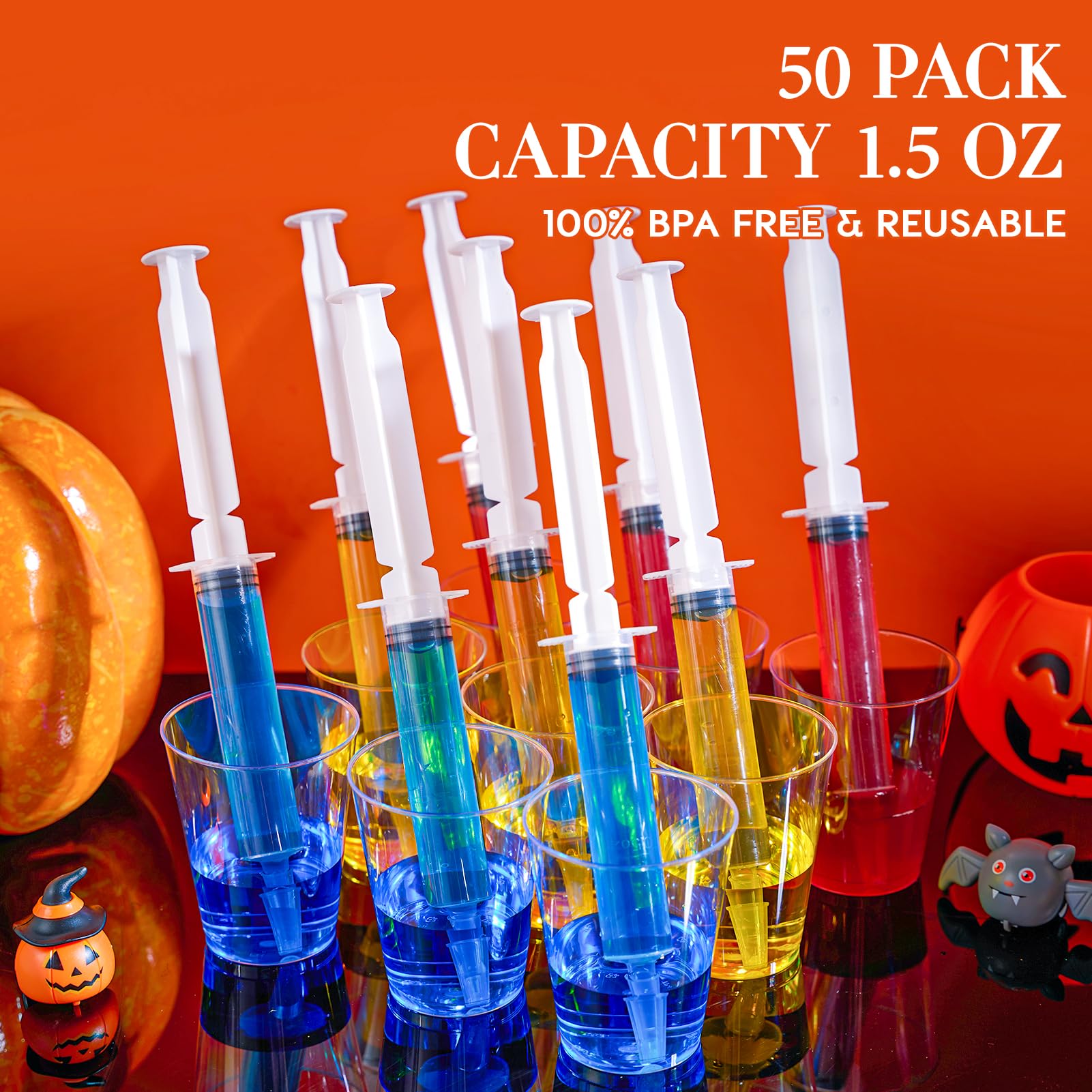 FOCUSLINE 50 Pack jelly Shot Syringes, 1.5 OZ Capacity Reusable Party Springe for jelly Shot, Durable jelly Shot Syringes for Halloween Thanksgiving Christmas Bachelorette Parties