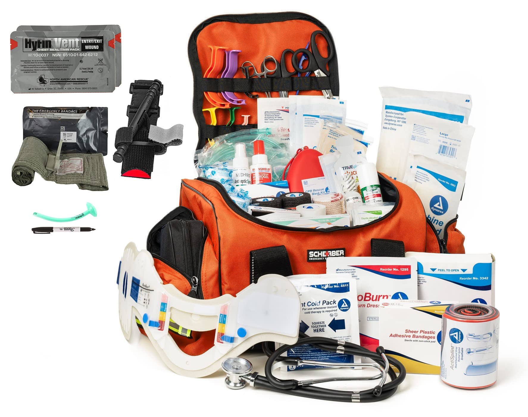 Scherber Fully-Stocked First Responder Bag | Professional EMT/EMS Trauma & Bleeding Medical Kit | HSA/FSA Approved | CAT Tourniquet, HyFin Chest Seal Israeli Bandage & 250+ First Aid Supplies (Orange)