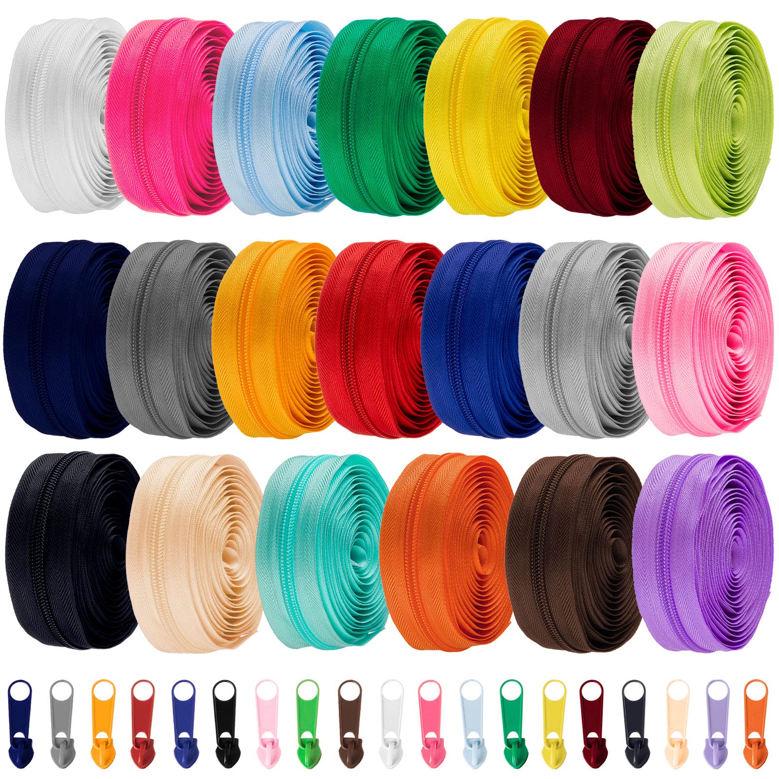 WILLBOND 60 Yards 20 Pcs Sewing Zippers Bulk #5 Nylon Coil Zippers 20 Color Assorted Zipper for Sewing with 200 Zipper Sliders for DIY Tailor Bags Purses Crafts Supplies (Various Color)