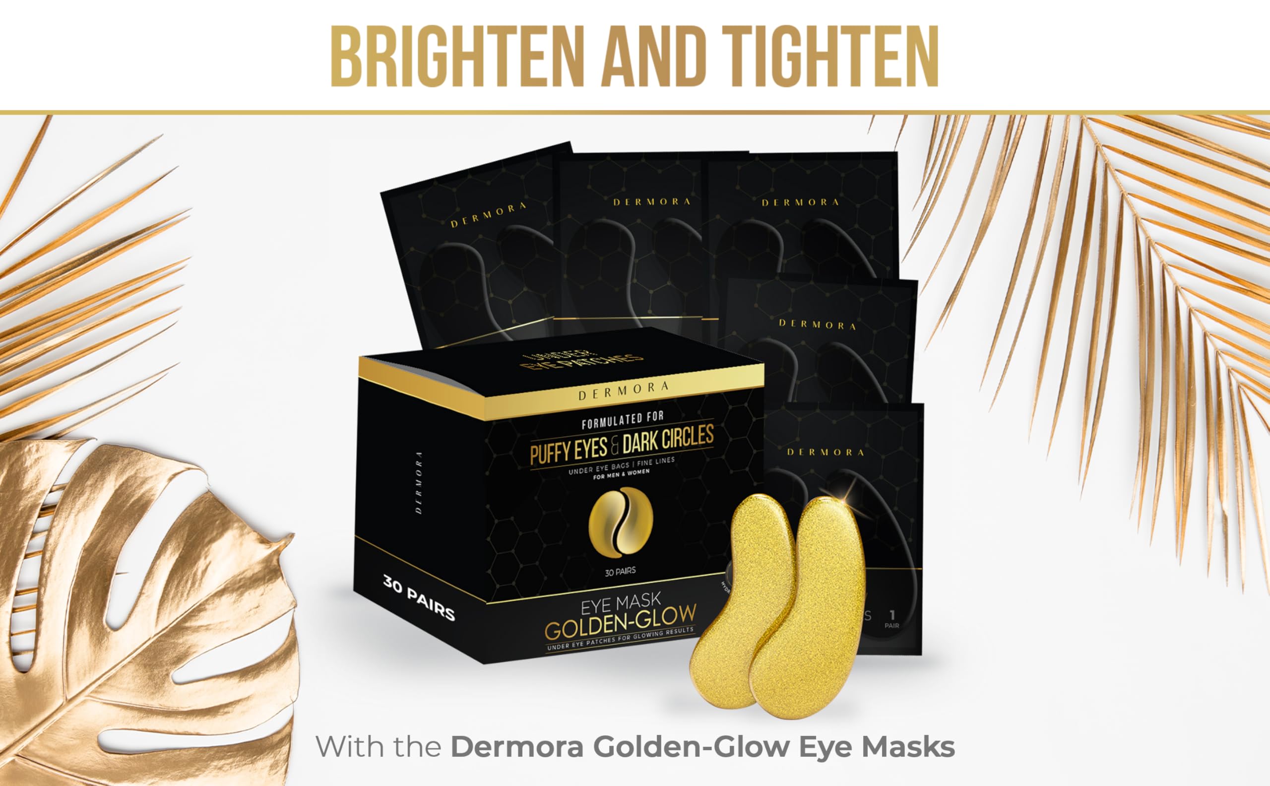 DERMORA Golden Glow Under Eye Patches (30 Pairs Eye Gels) - Rejuvenating Treatment for Dark Circles, Puffy Eyes, Refreshing, Revitalizing, Travel, Wrinkles