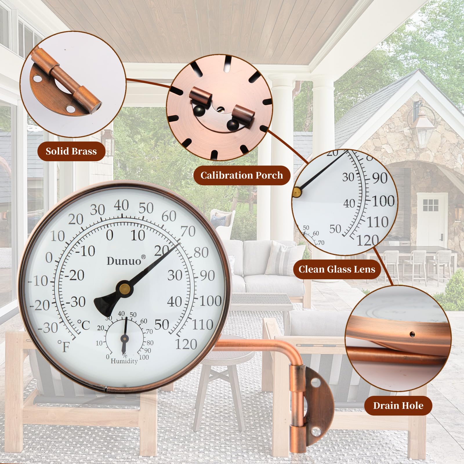 Dunuo 4" Brass Outdoor Thermometer, Indoor Thermometer for Room – Analog Wall-Mount Temperature Gauge with Humidity – Decorative for Patio, Garage, House, Greenhouse, Window, Antique Bronze