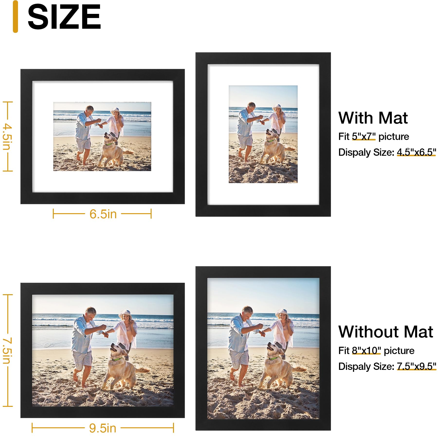 decorUhome 8x10 Picture Frame, Display Pictures 5x7 with Mat or 8x10 without Mat, Black Engineered Wood Photo Frame with Plexiglass for Wall & Tabletop Display, Picture Frames 8x10 Set of 1