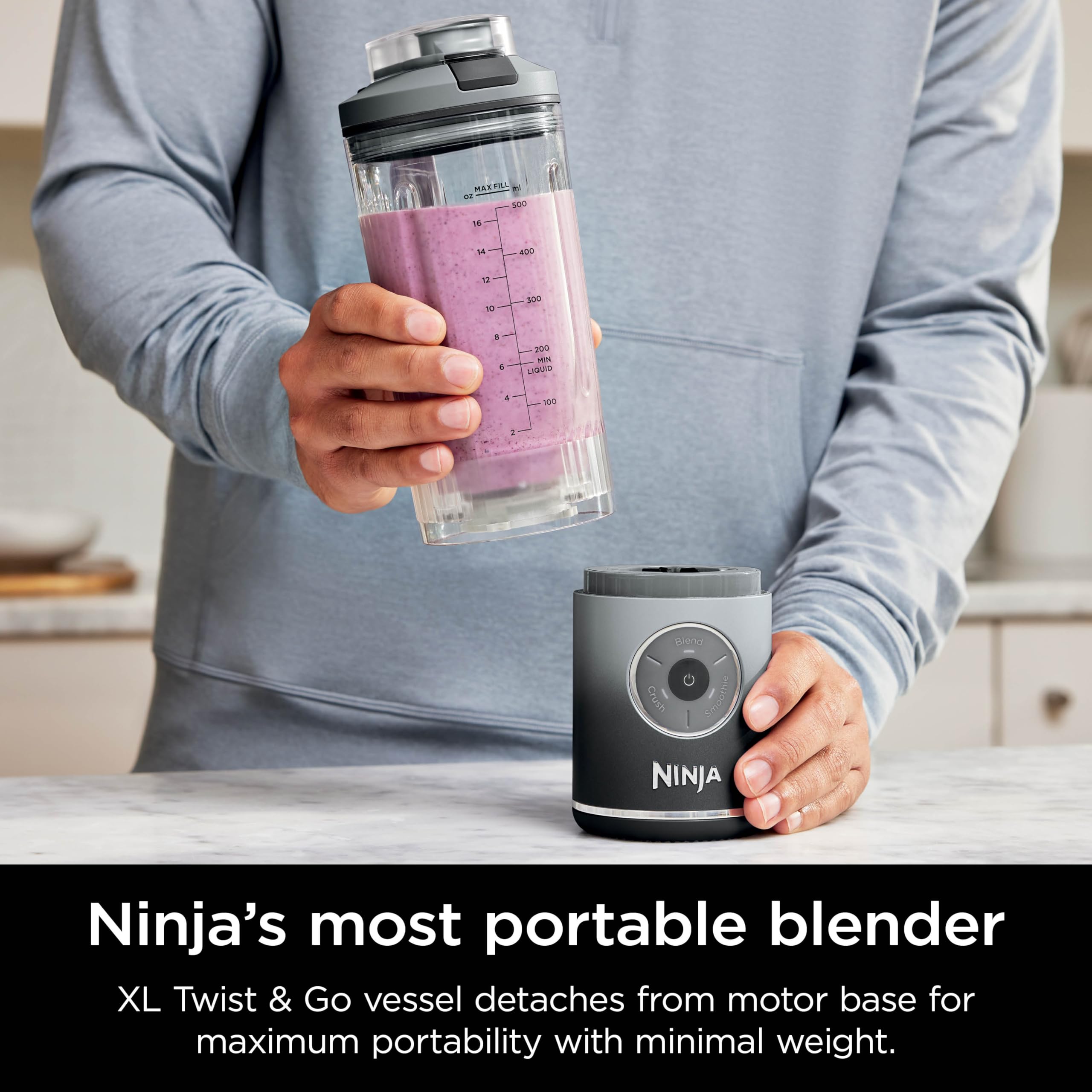 Ninja Blast Max, Portable Blender + Twist & Go, Personal Blender, Ninja Blender, Smoothie, Blend, Ice Crush, 3 Programs, Cordless, 22 oz removable Vessel, Dishwasher Safe, Leakproof, Grey, BC251GY