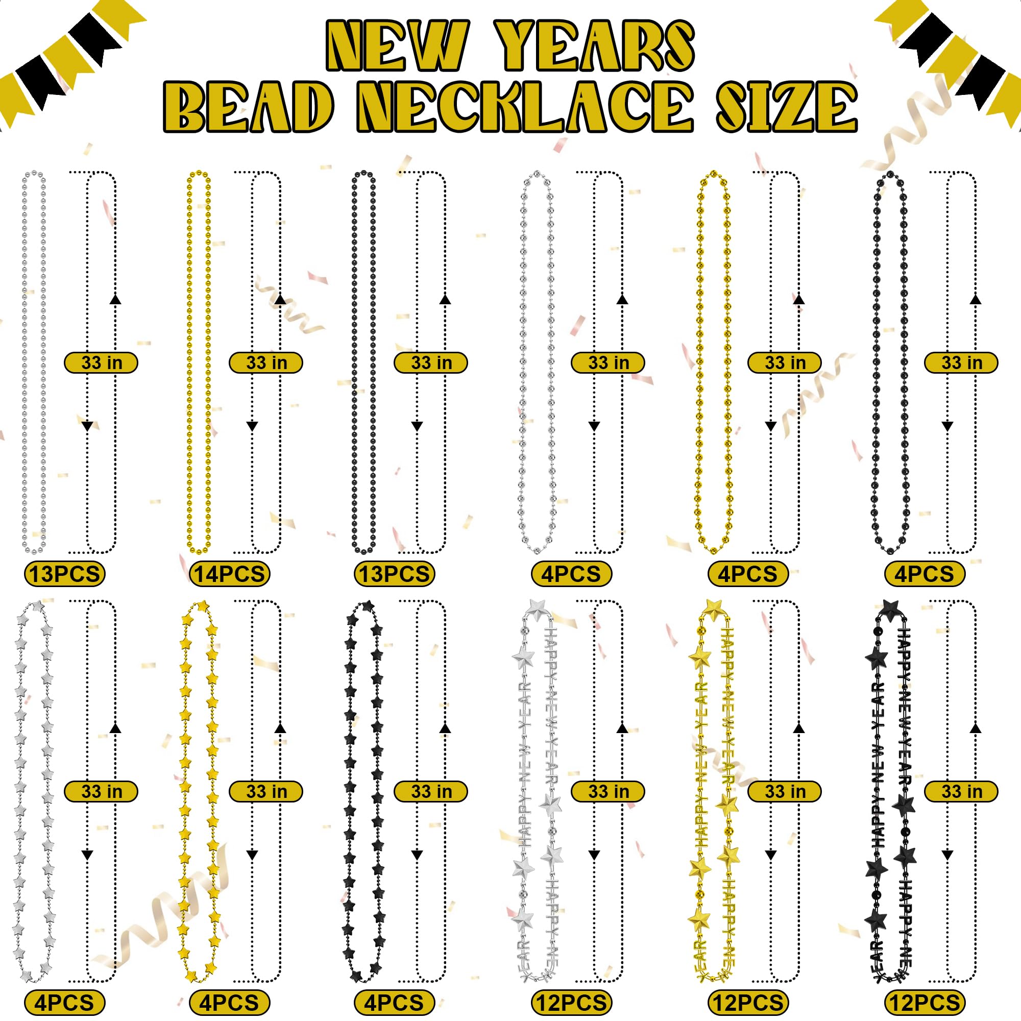 50PCS New Years Eve Necklace, New Years Black Gold Silver Bead Necklace Party Supplies 2025, 12 Kinds of HAPPY NEW YEAR Star Bead Necklace Bulk, Bead Necklace 2025 Accessories for New Years Decor