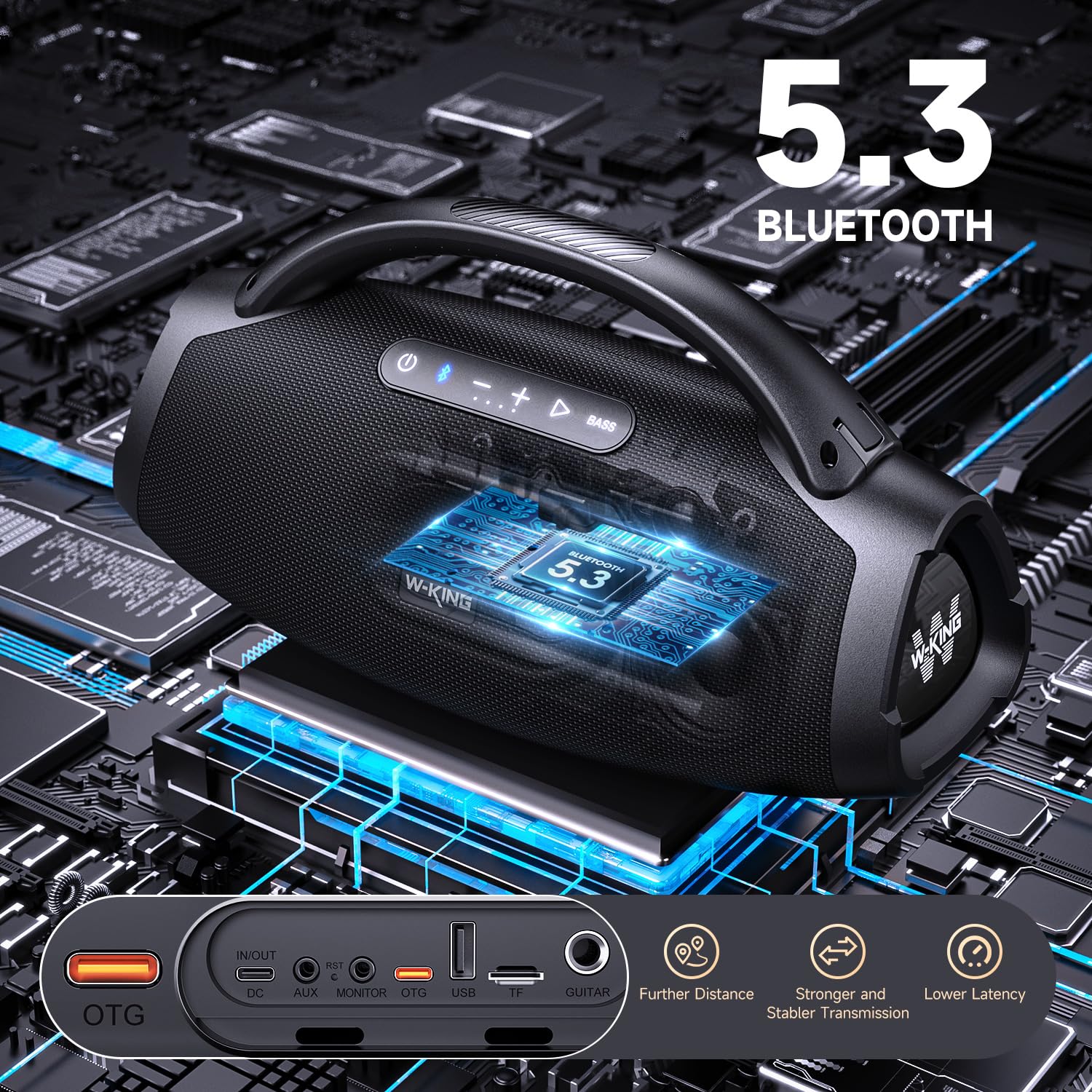 W-KING 300W Peak 200W RMS Portable Bluetooth Speakers, Massive Bass Party Boombox IPX7 Waterproof Bluetooth Speaker Large, Loud Outdoor Wireless Speaker/V5.3/EQ APP/Fast Charge/Stereo Pair/Guitar in