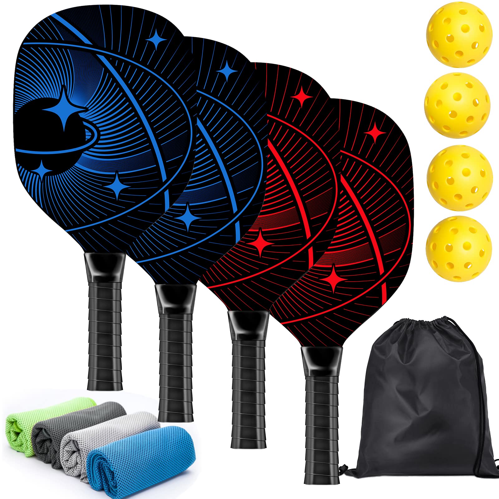 Pickleball Paddles, Pickleball Set with 4 Premium Wood Pickleball Paddles, 4 Pickleball Balls, 4 Cooling Towels & Carry Bag, Pickleball Rackets with Ergonomic Cushion Grip