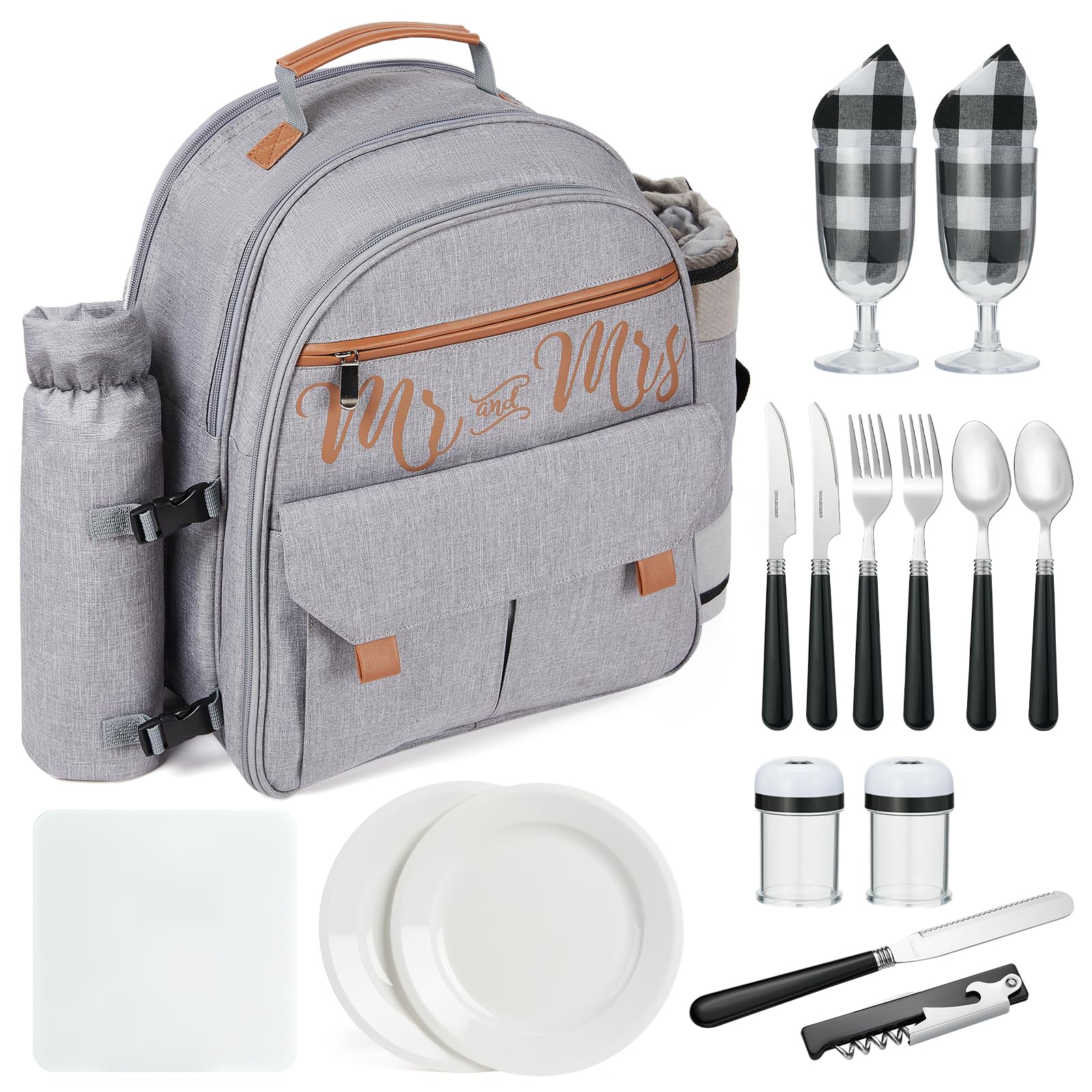 22L Insulated Picnic Basket Soft Camping Cooler Leak Proof Backpack for 2, Gray, Cool Bridal Shower Gifts for Bride Engagement Wedding Gifts, Anniversary Mr & Mrs Gifts for Newly Engaged Couples