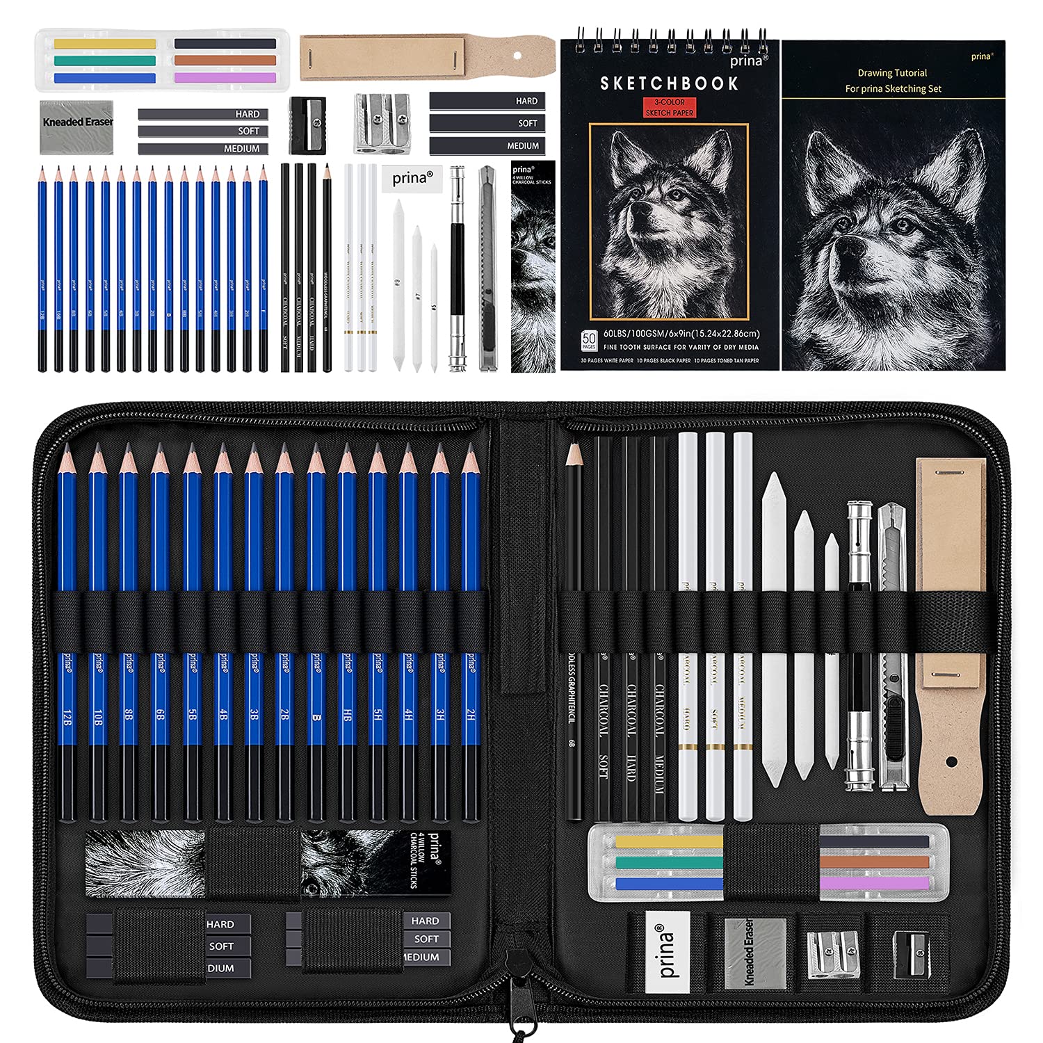 Prina 50 Pack Drawing Set Sketch Kit, Sketching Supplies with 3-Color Sketchbook, Graphite, and Charcoal Pencils, Pro Art Drawing Kit for Artists Adults Teens Beginner Kid, Ideal for Shading, Blending