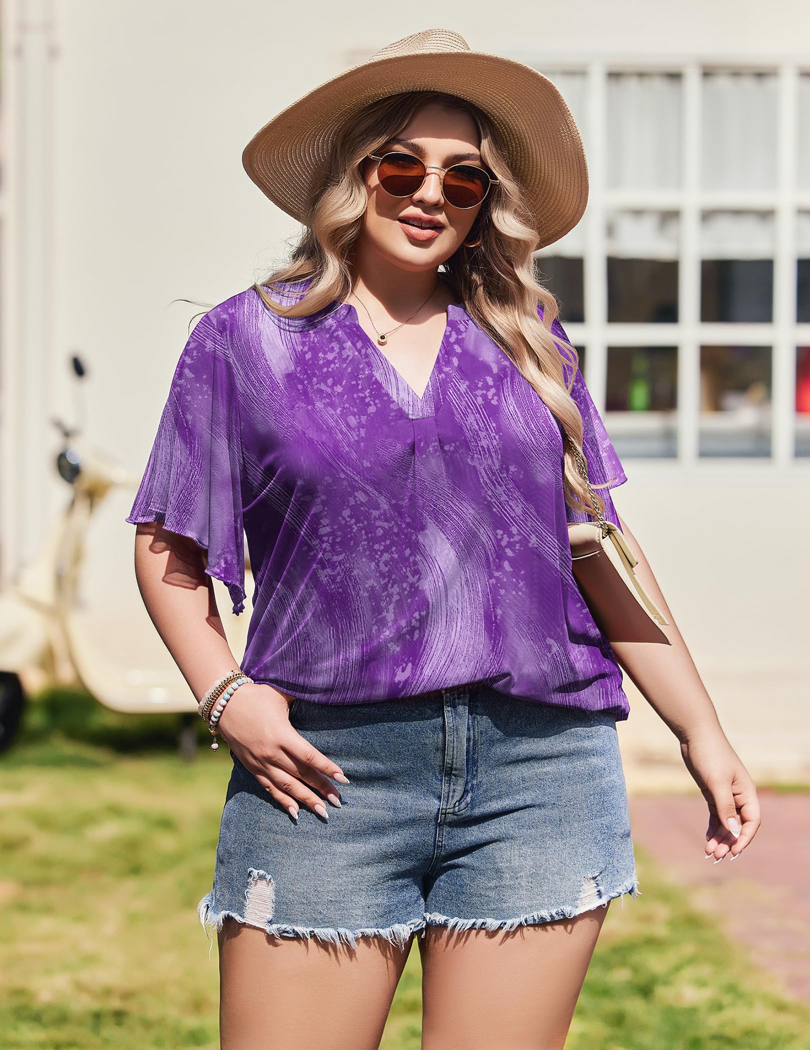 IN'VOLAND Plus Size Short Sleeve Tops for Women Ruffle V Neck Mesh Blouses Flowy Shirt Floral Double Layers Tunics Purple 20W
