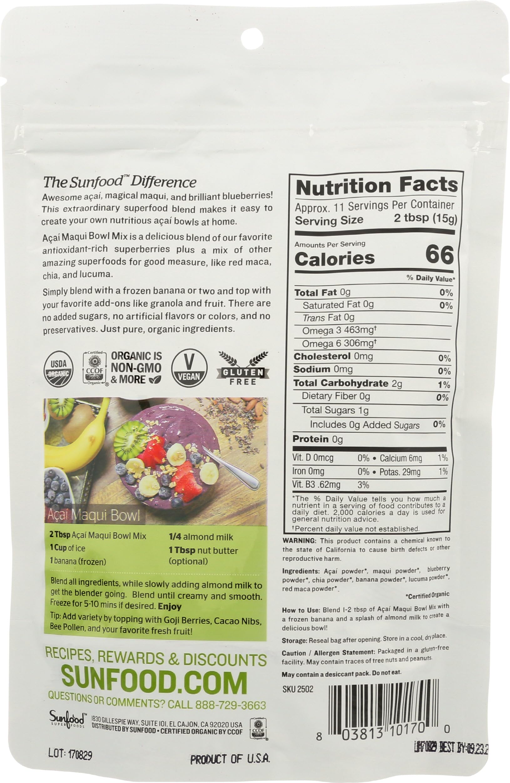 Sunfood Superfoods Organic Acai Maqui Bowl Mix - Acai Powder Organic, Acai Powder for Smoothie Bowles, Maqui Powder Organic, Maqui Berry Extract, Antioxidants & Vitamin C - 6 Oz Bag