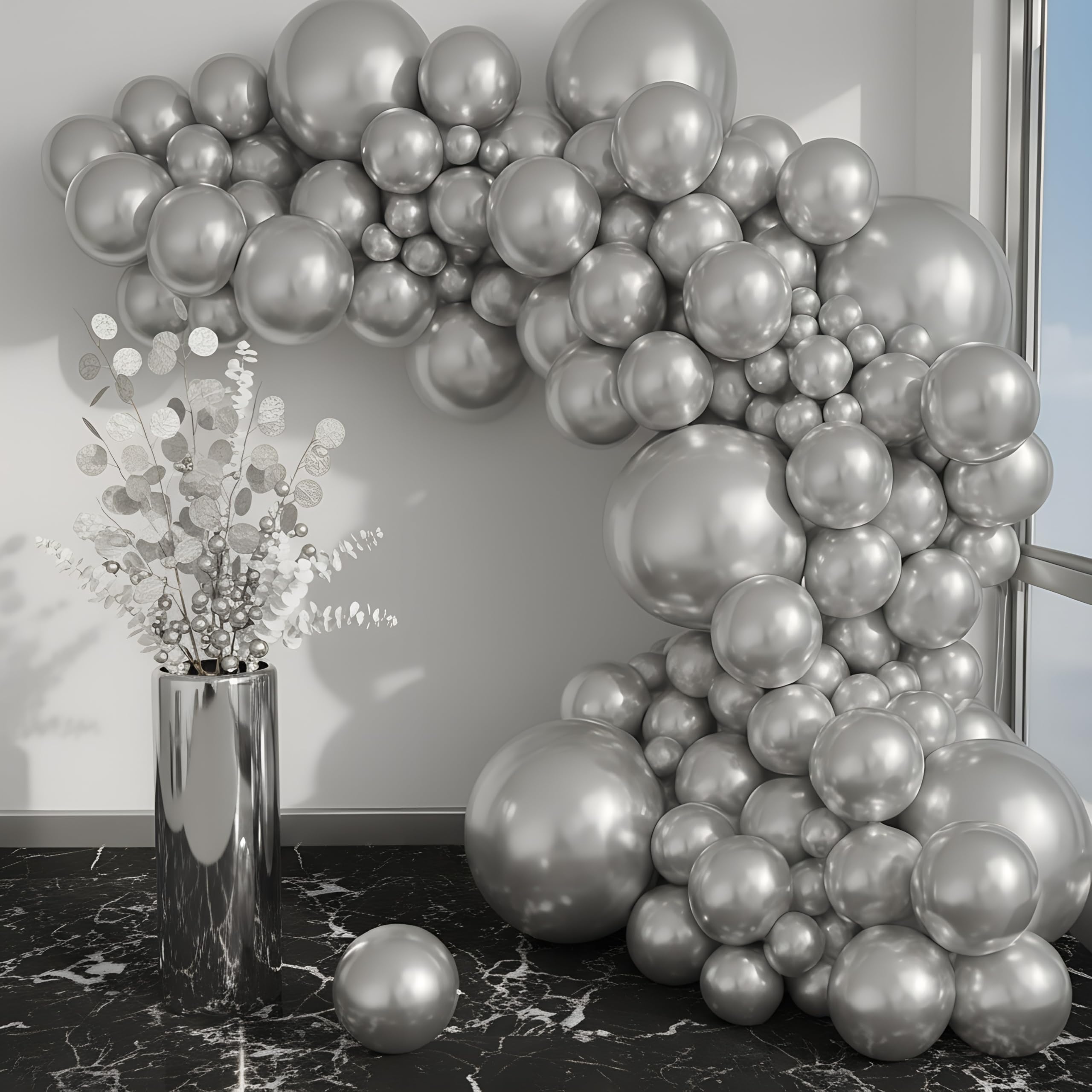 Balloon Garland Arch Kit – 146 Pcs Metallic Silver Balloons & Baby Shower Boxes with Letters – Pink And Blue Boxes with Pink & Blue Balloons