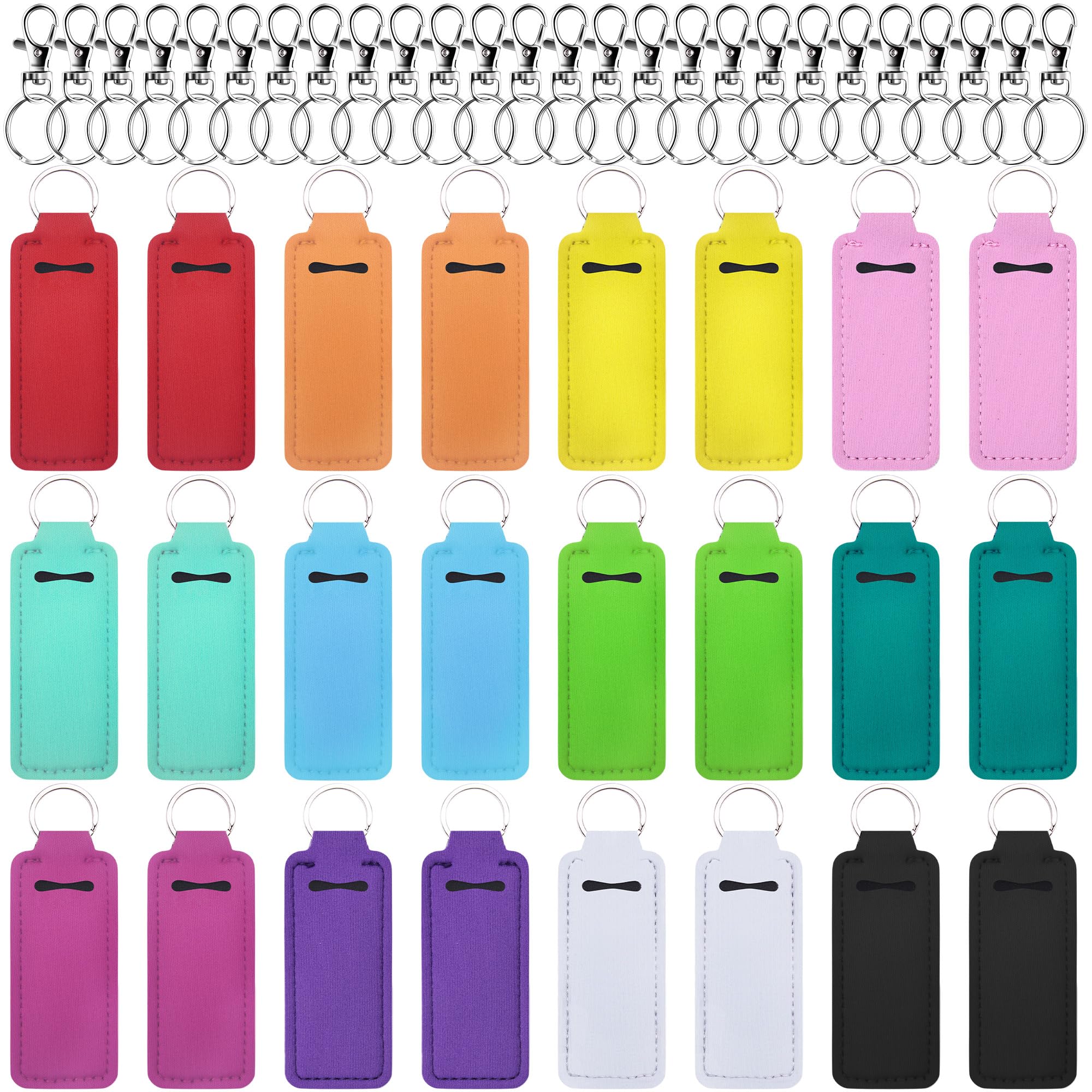 Duufin 24 Pieces Chapstick Keychain Holder Lip Balm Holder Keychains Neoprene Lipstick Holder with 24 Pieces Metal Clip Cords for Purse Backpack