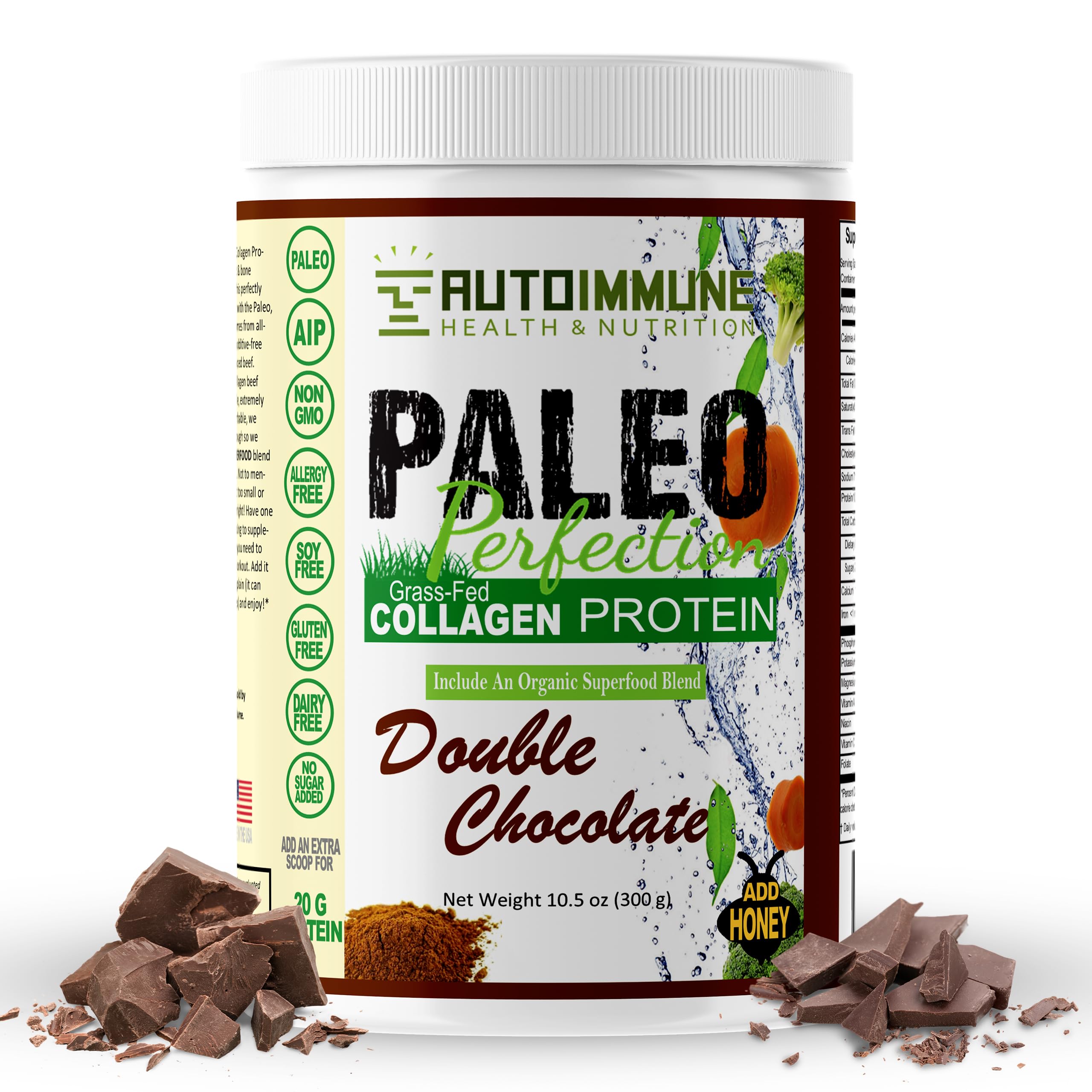 Paleo Perfection Double Chocolate Grass Fed Beef Collagen Protein Powder without Stevia - Paleo, Keto, SCD, AIP Protein Powder w/ Apple Fiber, Carrot, Broccoli - 300g Protein Powder & Superfood Blend