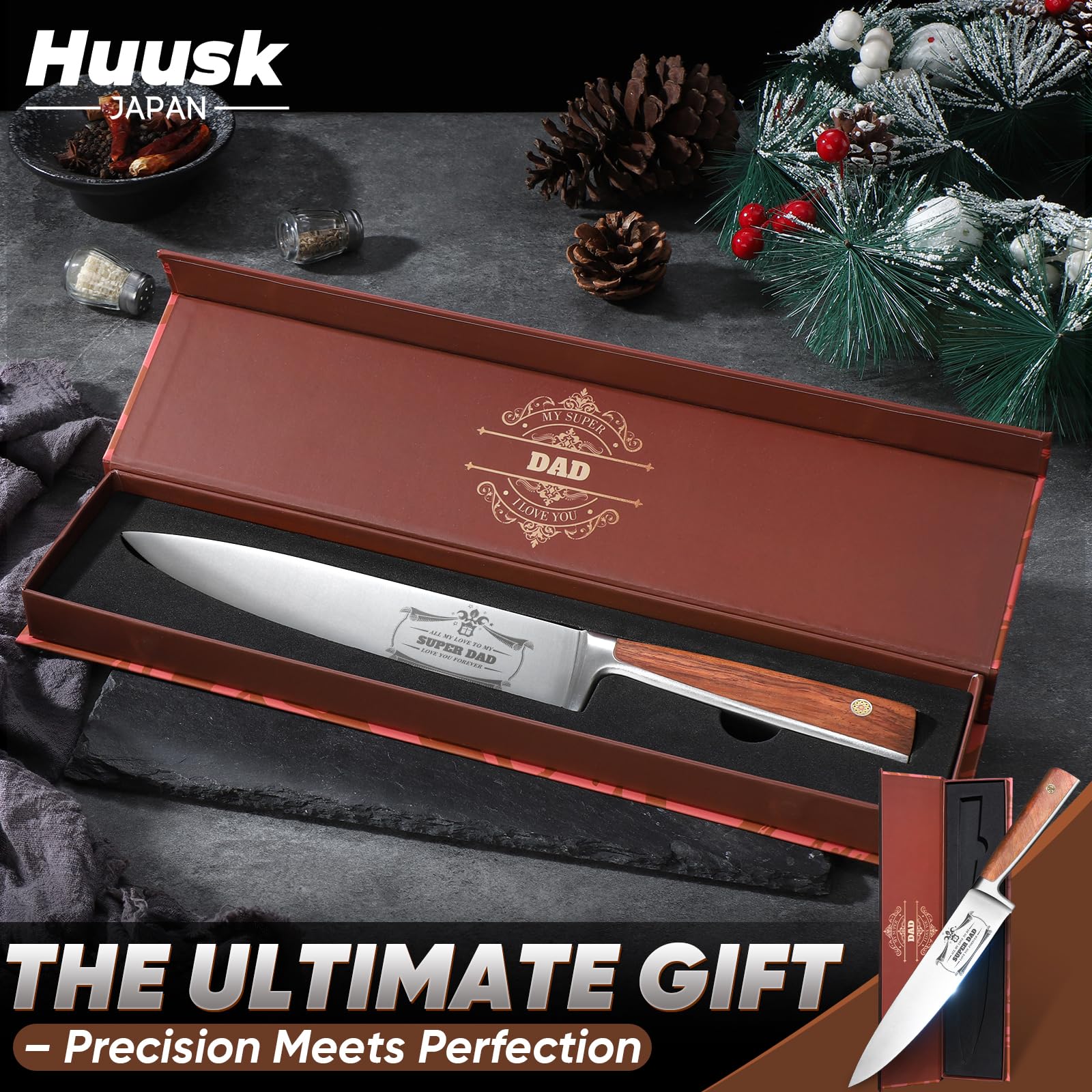 Huusk Birthday Gifts for Dad - 8” Chef Knife with Ergonomic Handle, Dad Birthday Gift from Daughter Son, Kitchen Knife with Gift Box Perfect for Christmas Father’s Day Birthdays