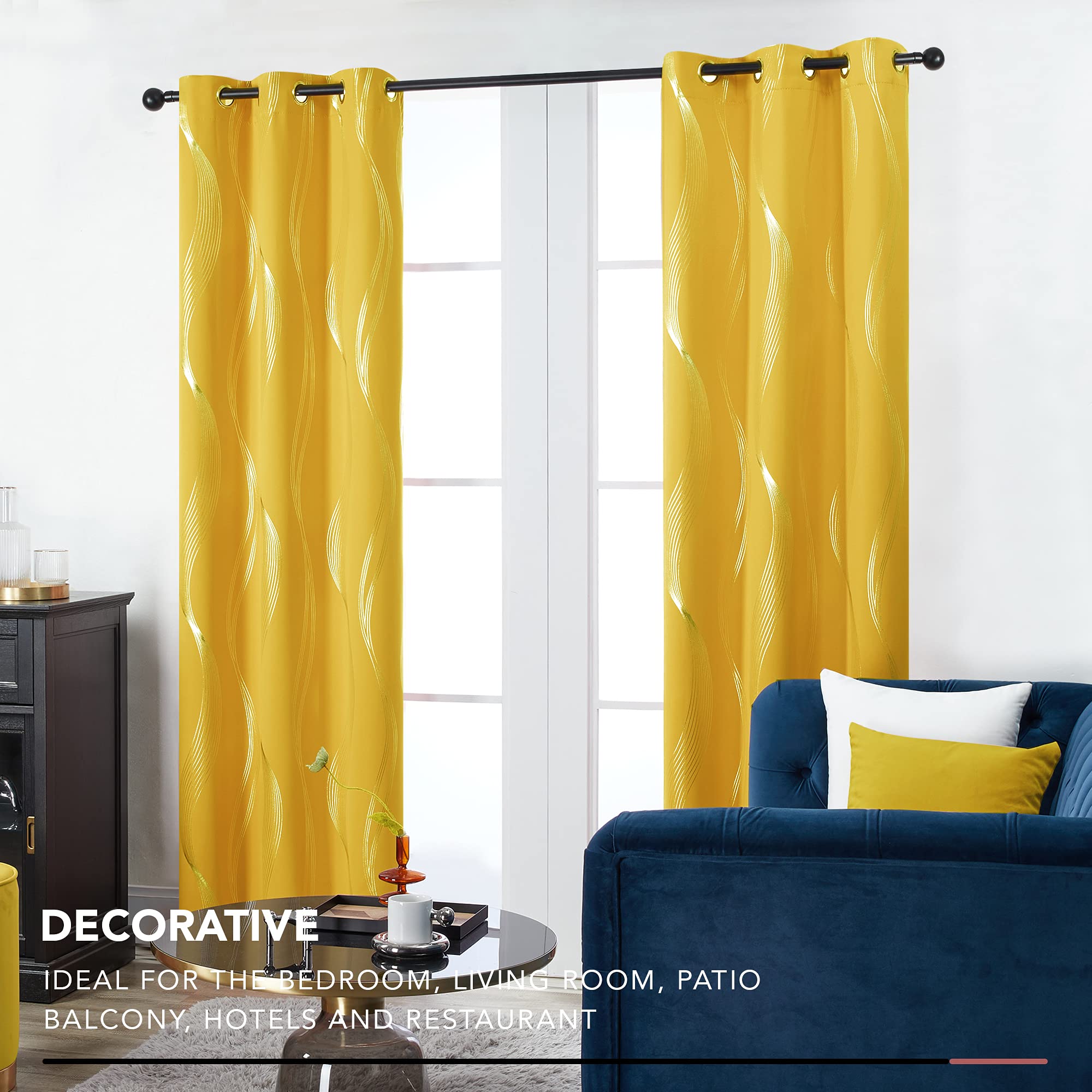 Deconovo Blackout Curtains, Wave Striped Foil Print Room Darkening Curtains, Grommet Curtains for Living Room, 42x90 Inch, Mellow Yellow, 2 Panels