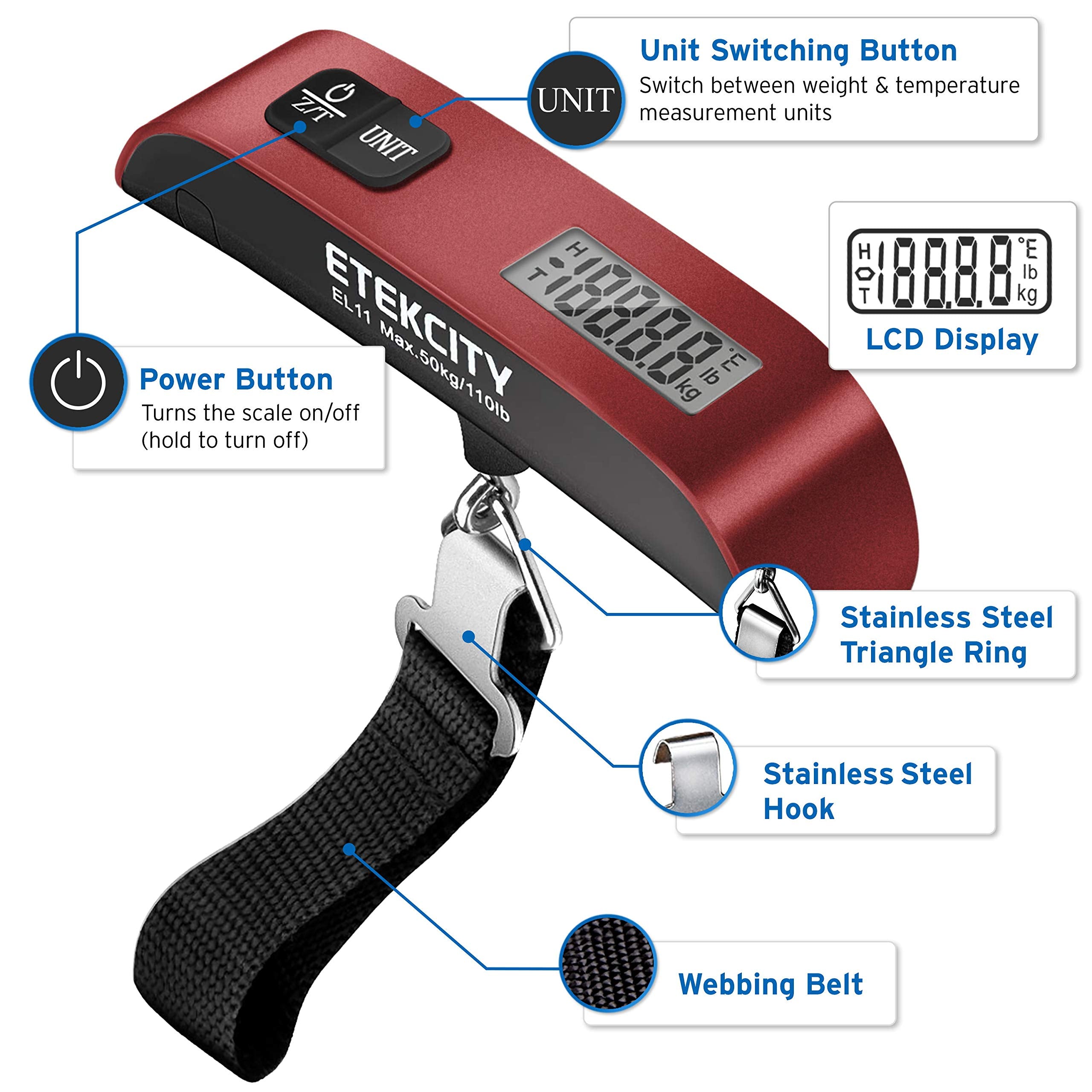 Etekcity Luggage Scale, Digital Weight Scales for Travel Accessories Essentials Suitcases , Portable Handheld Scale with Temperature Sensor, Rubber Paint, 110 Pounds, Battery Included