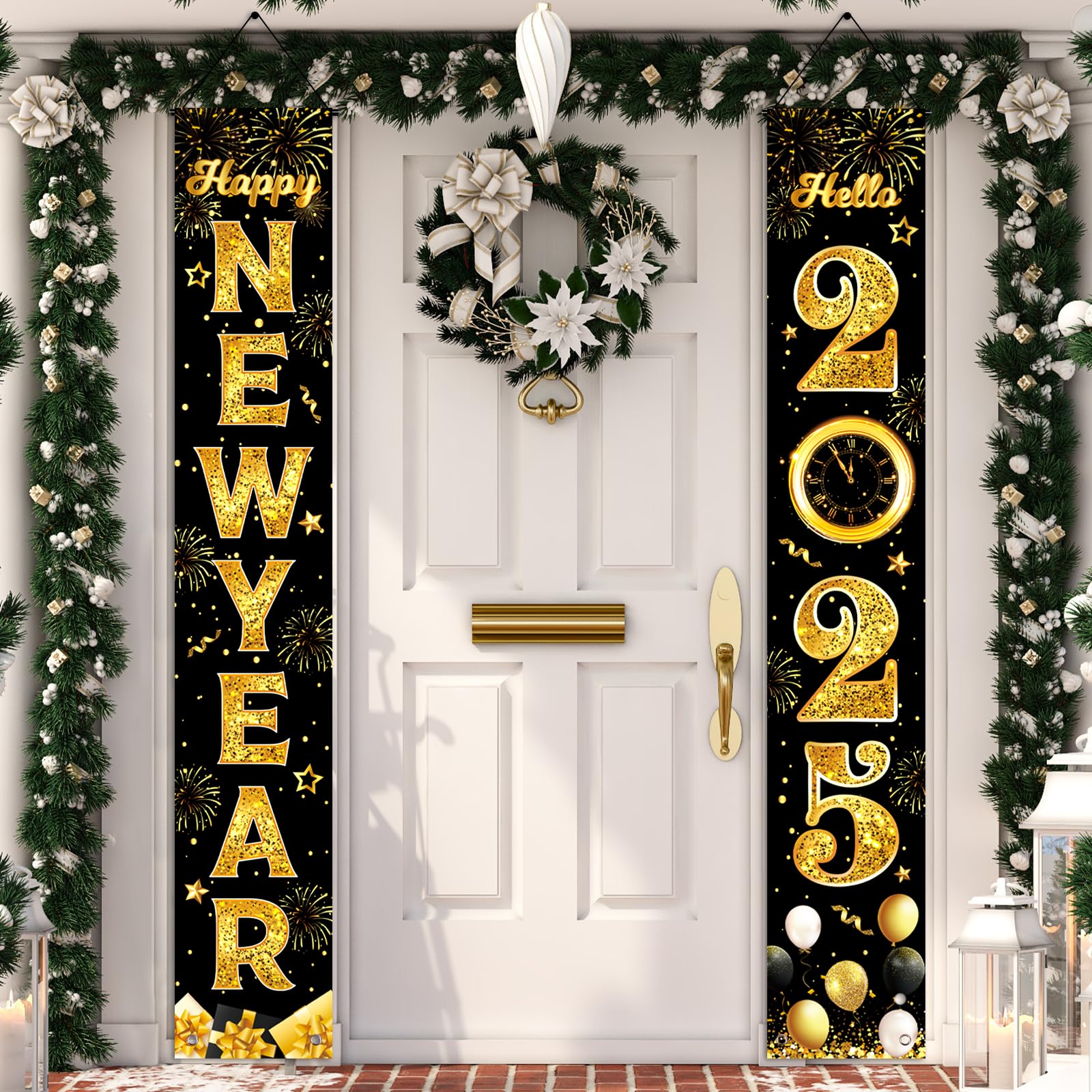 Happy New Year Door Banner, 2PCs New Year Front Door Banner 2025 Black Gold New Year Front Porch Hang Door Banners Sign Set New Years Eve Party Supplies Happy New Year Decorations, 71x12 Inch