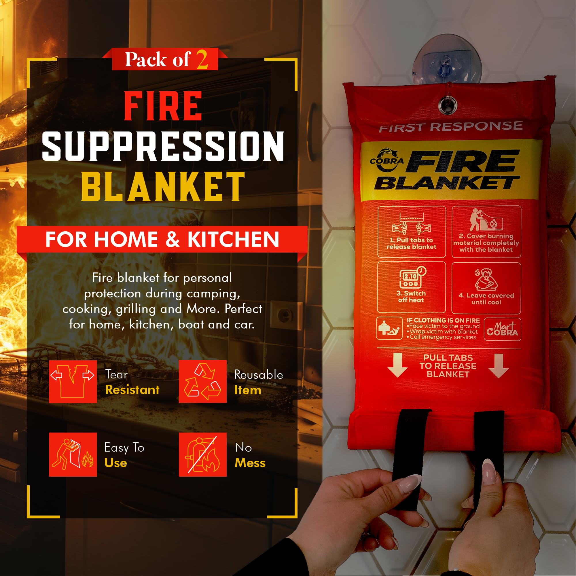 Mart Cobra Emergency Fire Blanket for Home and Kitchen - 2 Pack - Fire Blankets Emergency for Home 40” x 40” - Fire Suppression Blanket - Home Safety Fiberglass Welding Blanket