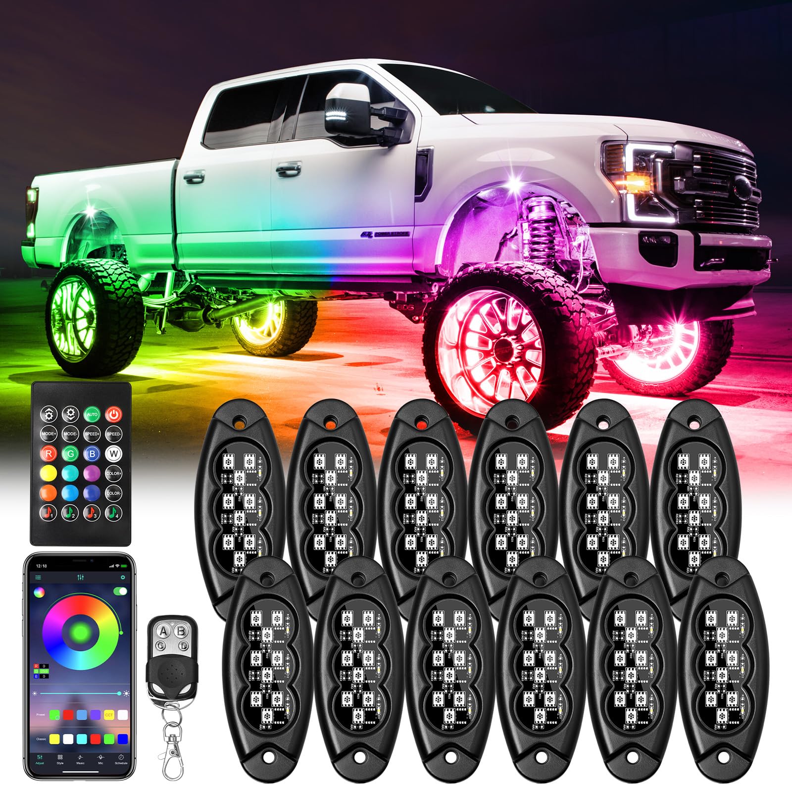 ICICAR 12 Pods LED Rock Lights Kit, APP/RF Control Multicolor MagicRGB Underglow Neon Lights Waterproof Brake Light Music Mode Exterior Rock Lights for Car Jeep Truck ATV RZR UTV Off Road