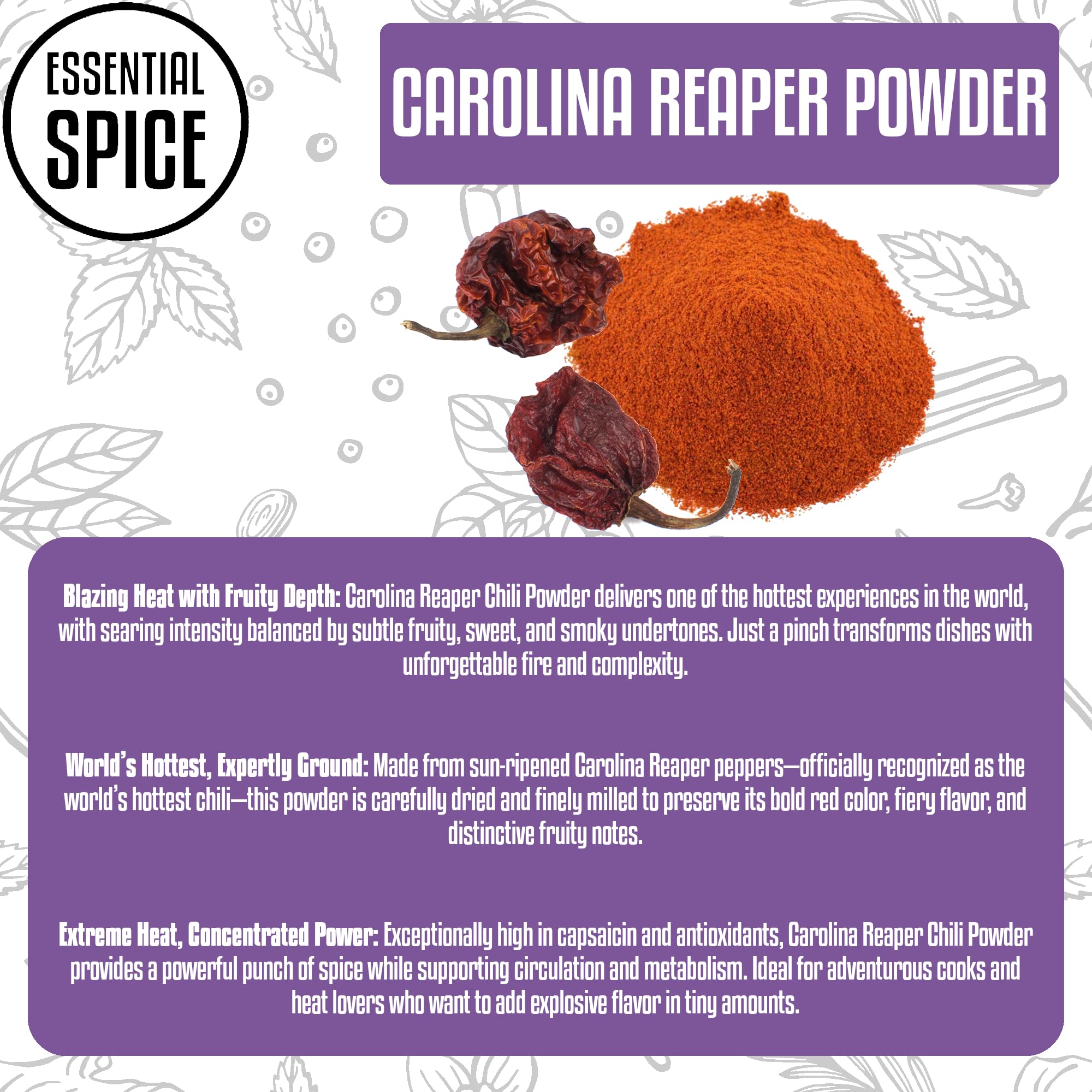 Essential Spice Carolina Reaper Chili Powder – Extremely Hot Ground Pepper with Fruity, Smoky Flavor – Made from 100% Pure Reaper Chilies – For Hot Sauce, Chili, Meat Rubs & Extreme Heat Lovers (1 Pounds)