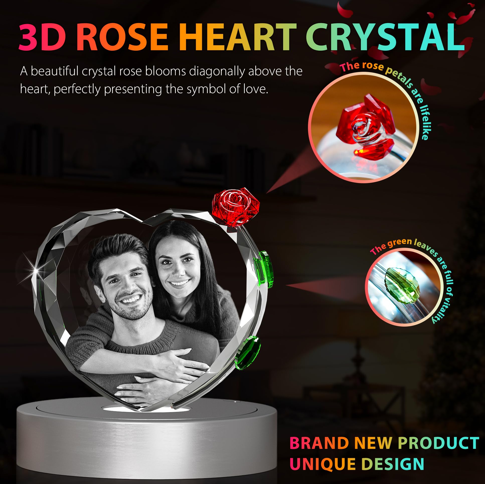 3D Crystal Photo with Red Crystal Rose, Personalized Christmas Gifts for Women, Her, Him, Wife, Girlfriend, Mom, Couple, Customized Crystal Photo, Xmas Anniversary Birthday Valentines Gifts Heart