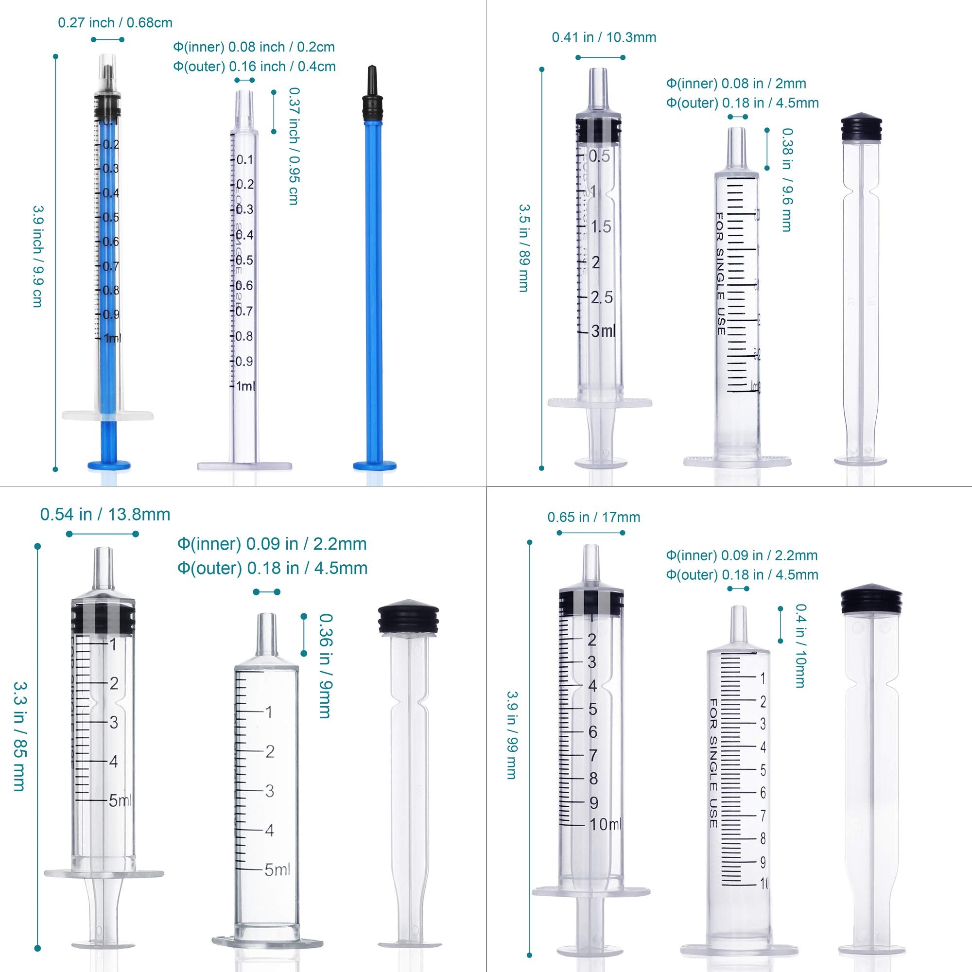 20Pack 1ml / 3ml / 5ml / 10ml Syringe Without Needle - Small Plastic Syringes Sterile Packed with Cap for Lab Medicine Student Measuring Liquid and Pet Dog Cat Baby Feeding Oral Colostrum