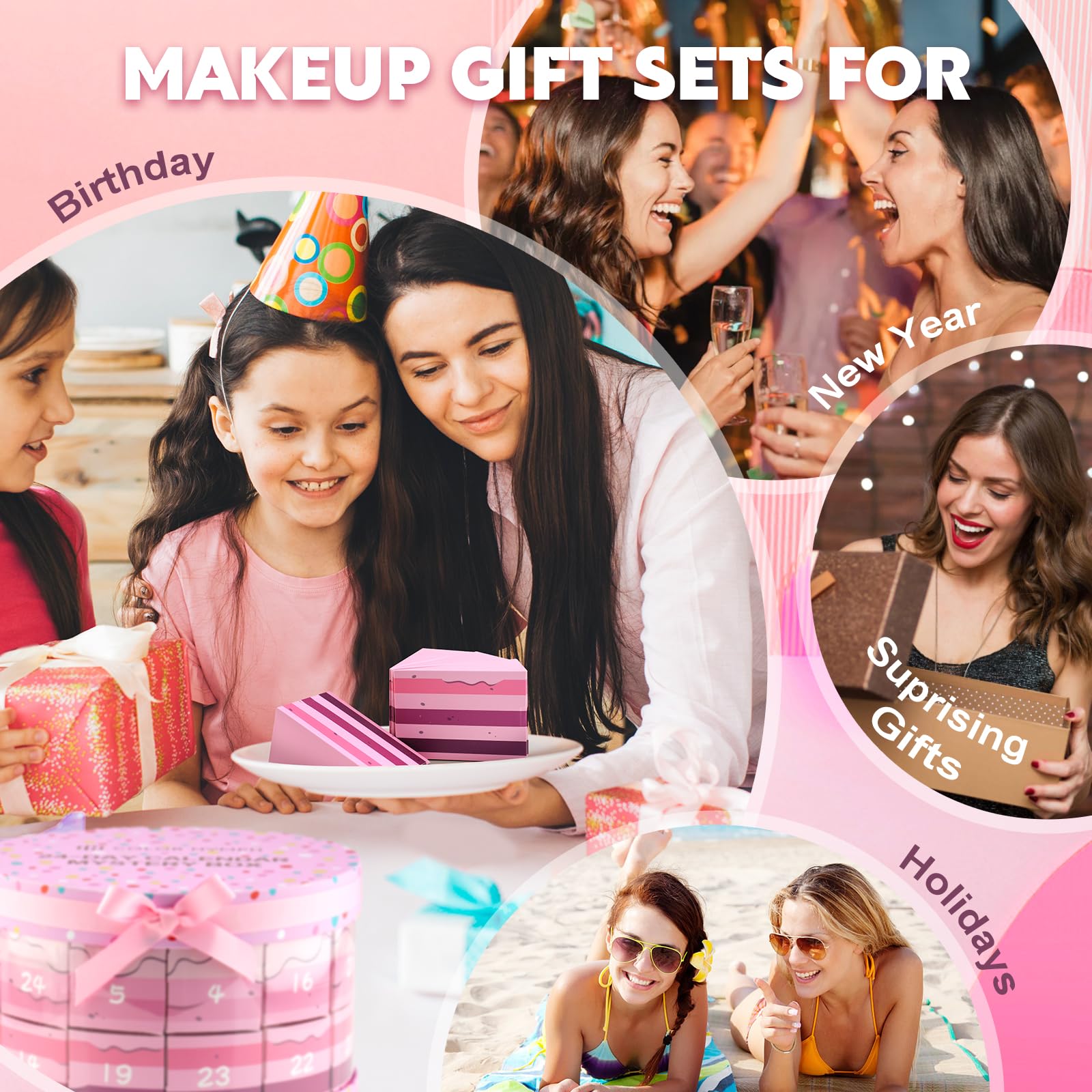 Color Nymph Makeup Advent Calendar 2024, 24 Days Advent Calendar Christmas New Year Birthday Makeup Gift Sets for Beauty Cosmetic Starter Kit For Teens Girlfriend Daughters Surprise Holiday Gift Pink