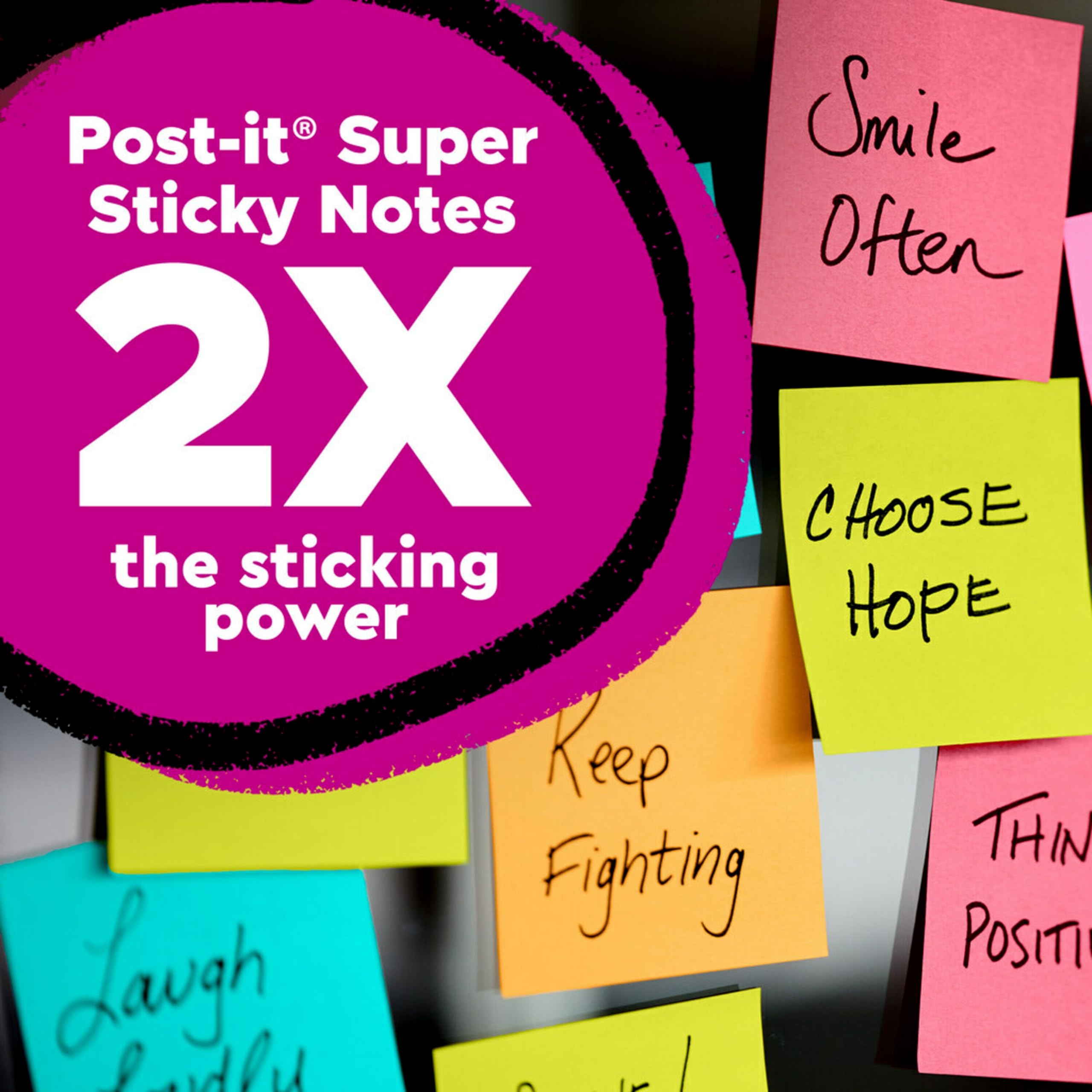 Post-it Super Sticky Notes, 3x3 in, 24 Pads/Pack, 70 Sheets/Pad, Amazon Exclusive Bright Color Collection, Aqua Splash, Acid Lime, Tropical Pink and Iris Infusion