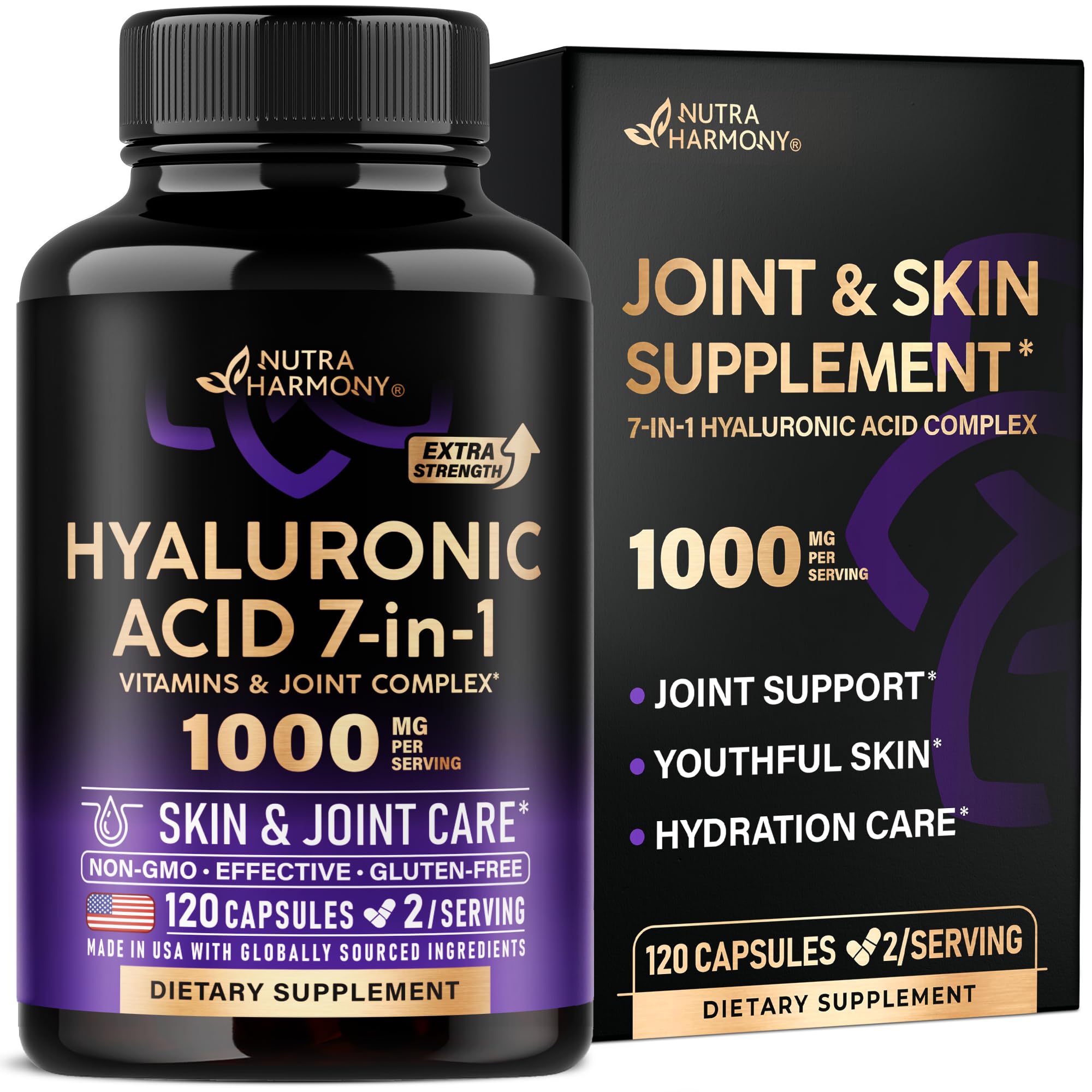 Hyaluronic Acid Supplements 1000 mg - Collagen | MSM | Boswellia | Vitamin D3, C & E - Hyaluronic Acid Capsules - Skin Hydratation & Joint Comfort Support - 7-in-1 Complex - Made in USA - 120 Capsules