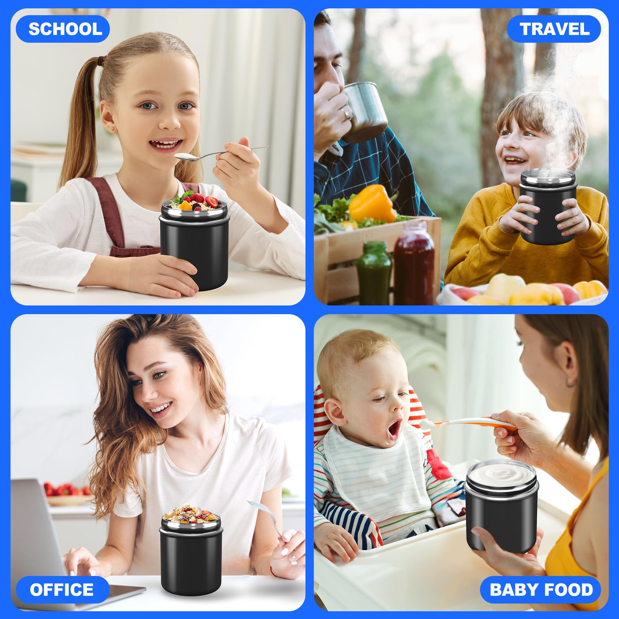 MZLMZL 15.8OZ Kids Food Soup Container Lunchbox - Adult Stainless Steel Thermo Food Jar,for Hot Cold Width Mouth with Spoon Food Hydroflask,Bottle Leak Proof Hot Food Storage Outdoor Camping (Black)