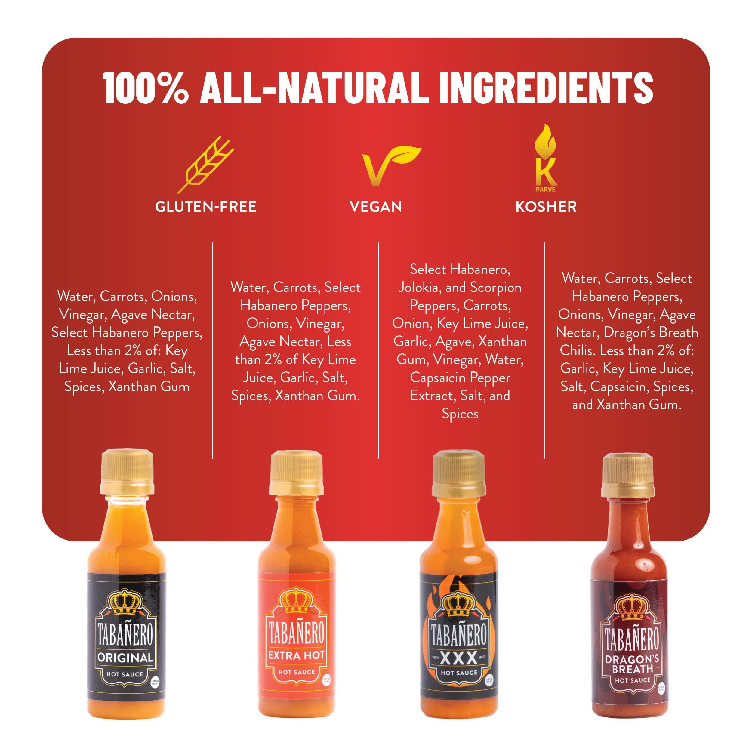 Tabañero Challenge Box, Hot Sauce Gift Set, 4 Pack, Original, Extra, XXX Hot and Dragon's Breath, 1.7 oz Mini Glass Bottles, Gluten Free, All Natural, Low Sodium, Vegan, Kosher, Made in the USA, Easter Gifts for Men