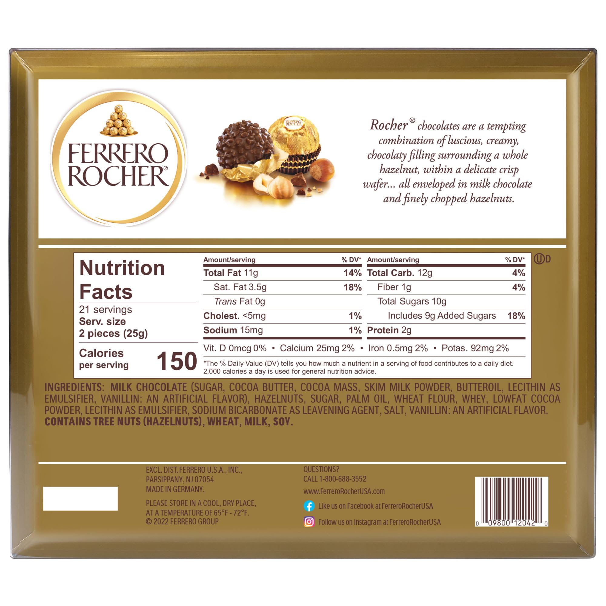 Ferrero Rocher, 42 Count, Gourmet Milk Chocolate Hazelnut, Chocolate Gift Box, Individually Wrapped, 18.5 oz