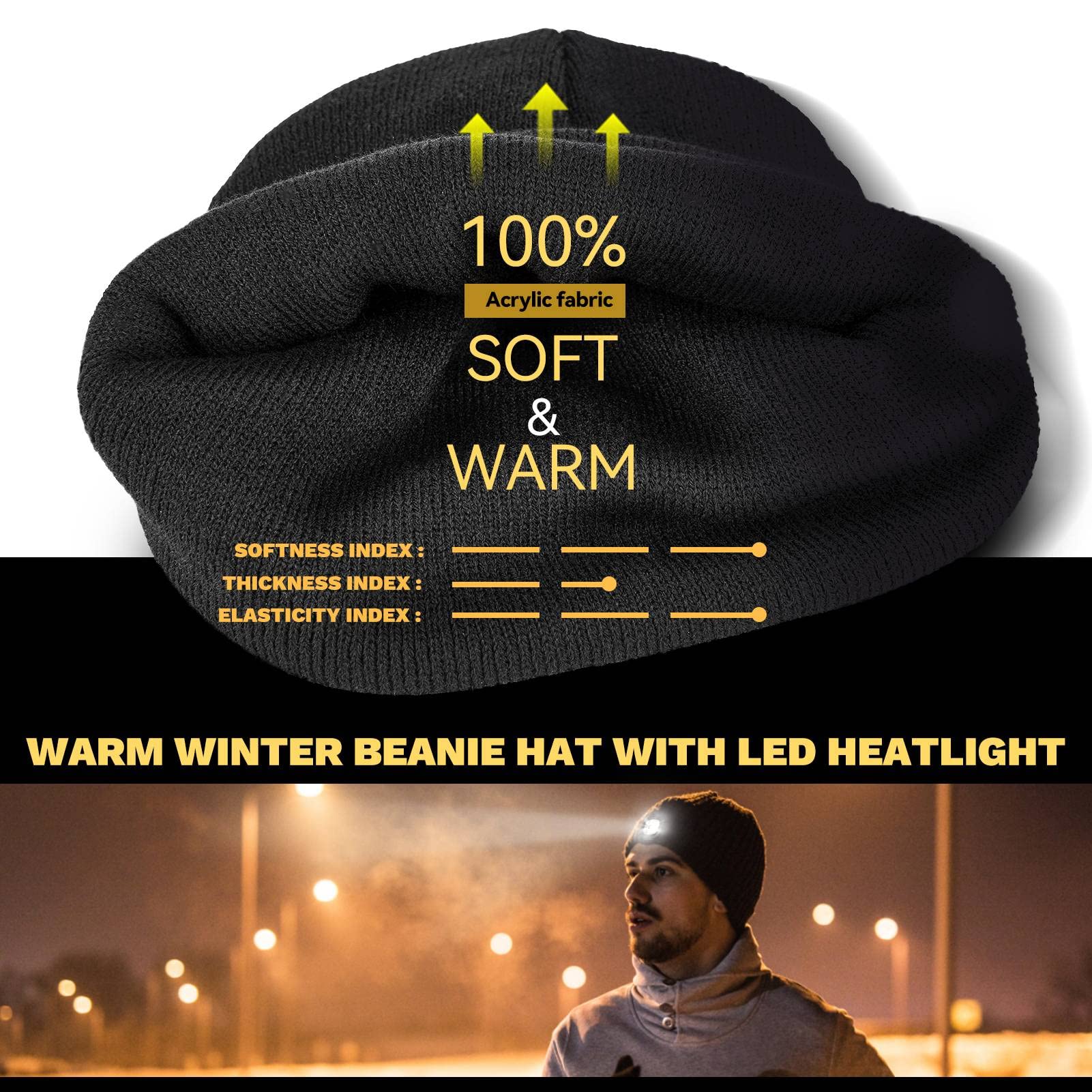 VIBELITE LED Beanie Hat with Light, USB Rechargeable LED Headlamp, Gifts for Christmas, Stocking Stuffers for Men Him Husband Boyfriend Dad Father, Orange