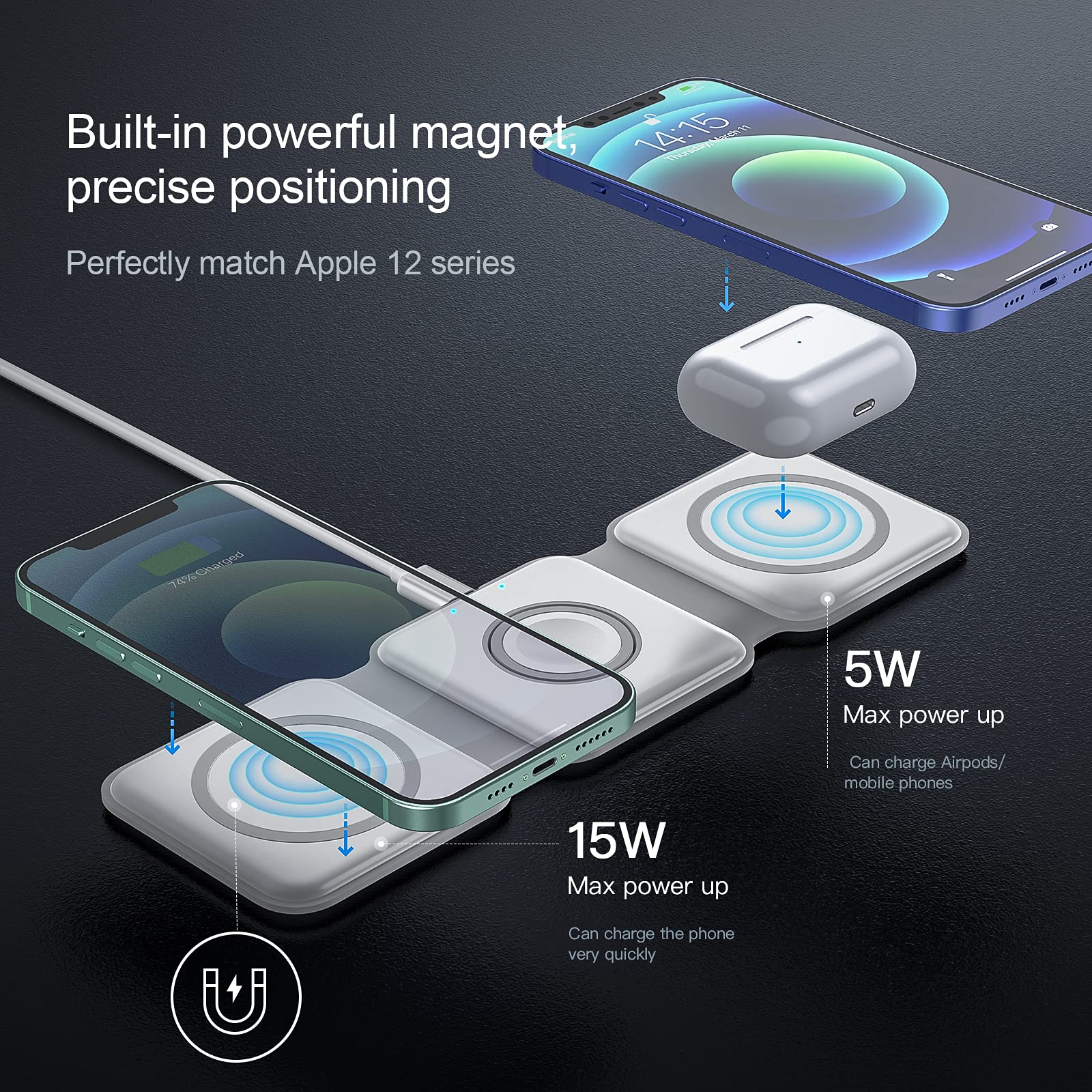 3 in 1 Wireless Charger, IIOZO Magnetic Travel Wireless Charging Station Multiple Devices, 3-in-1 Foldable Wireless Charging Station with 20W USB C Charger for iPhone 15/14/13/12/iWatch/AirPods Pro