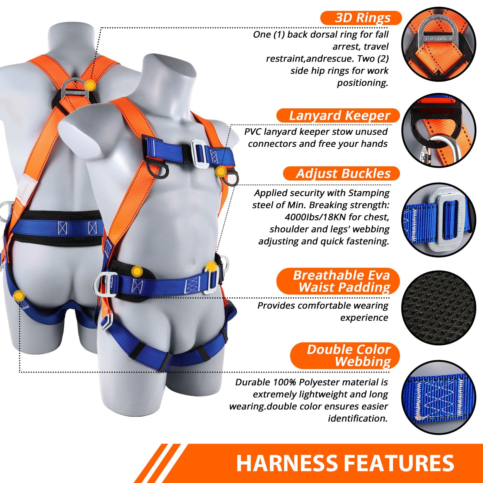 TT TRSMIMA Safety Harness Fall Protection Kit: Full Body Roofing harnesses with Shock Absorbing Lanyard - Updated Comfortable Waist Pad